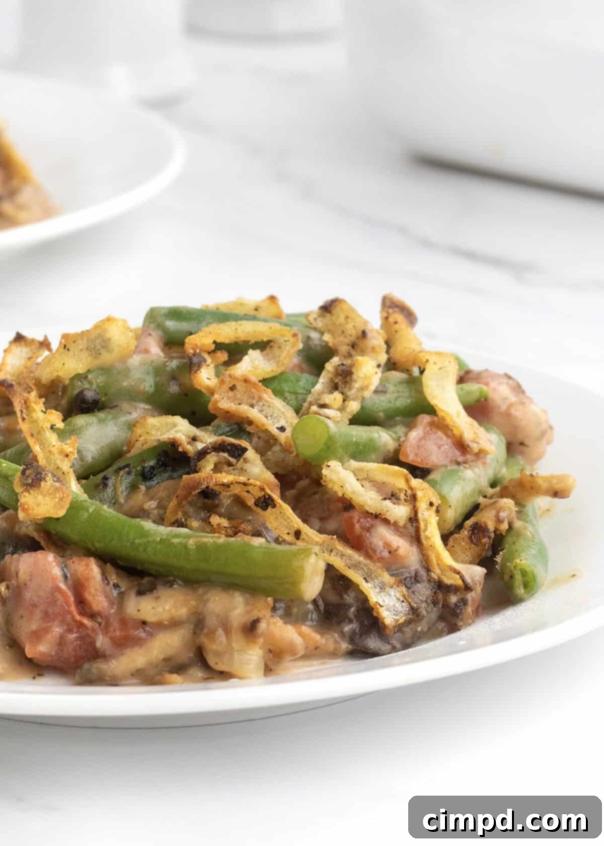 Close-up of Fresh Green Bean Casserole showcasing crispy onions