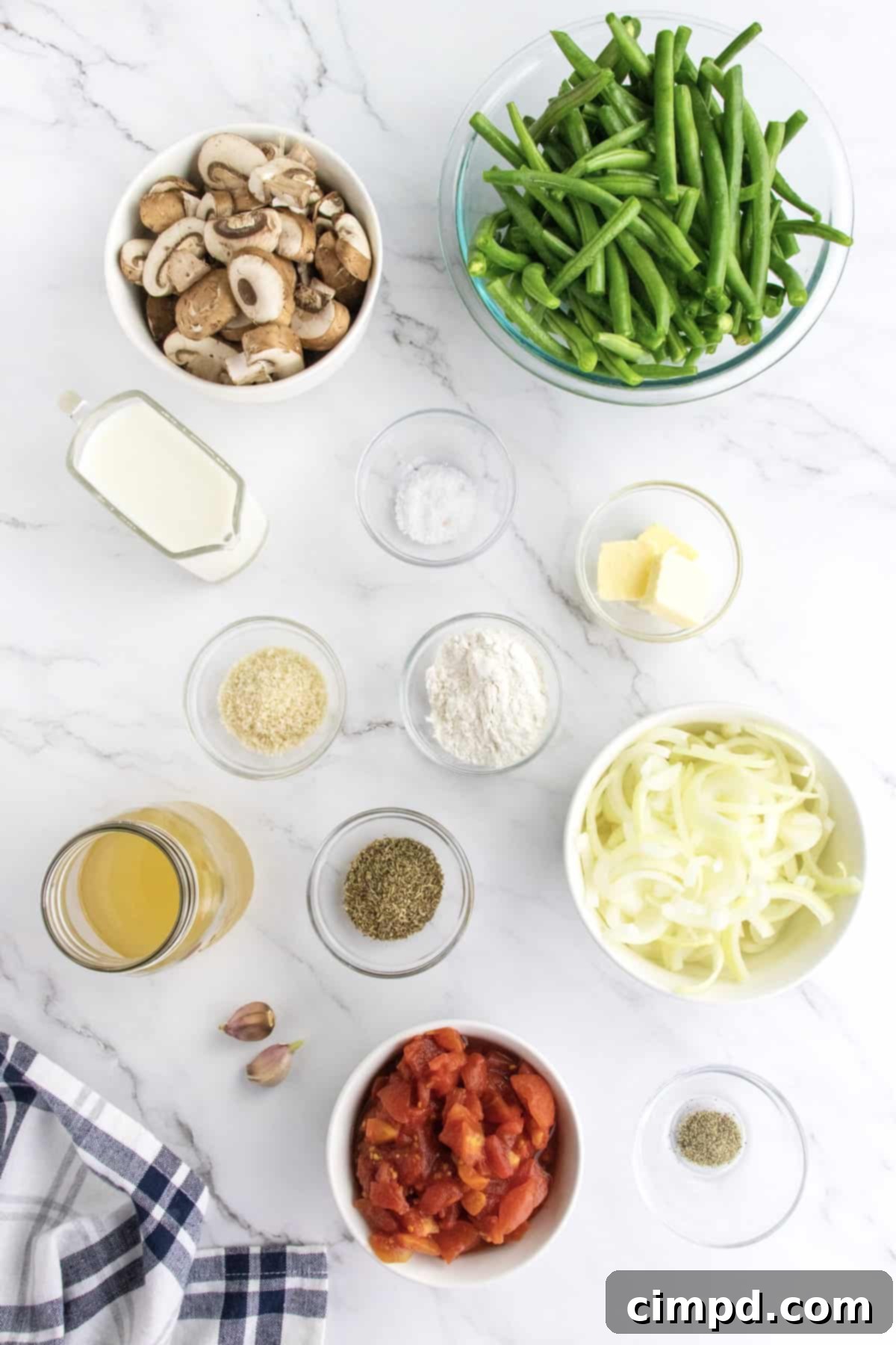 All the fresh ingredients laid out for making Fresh Green Bean Casserole