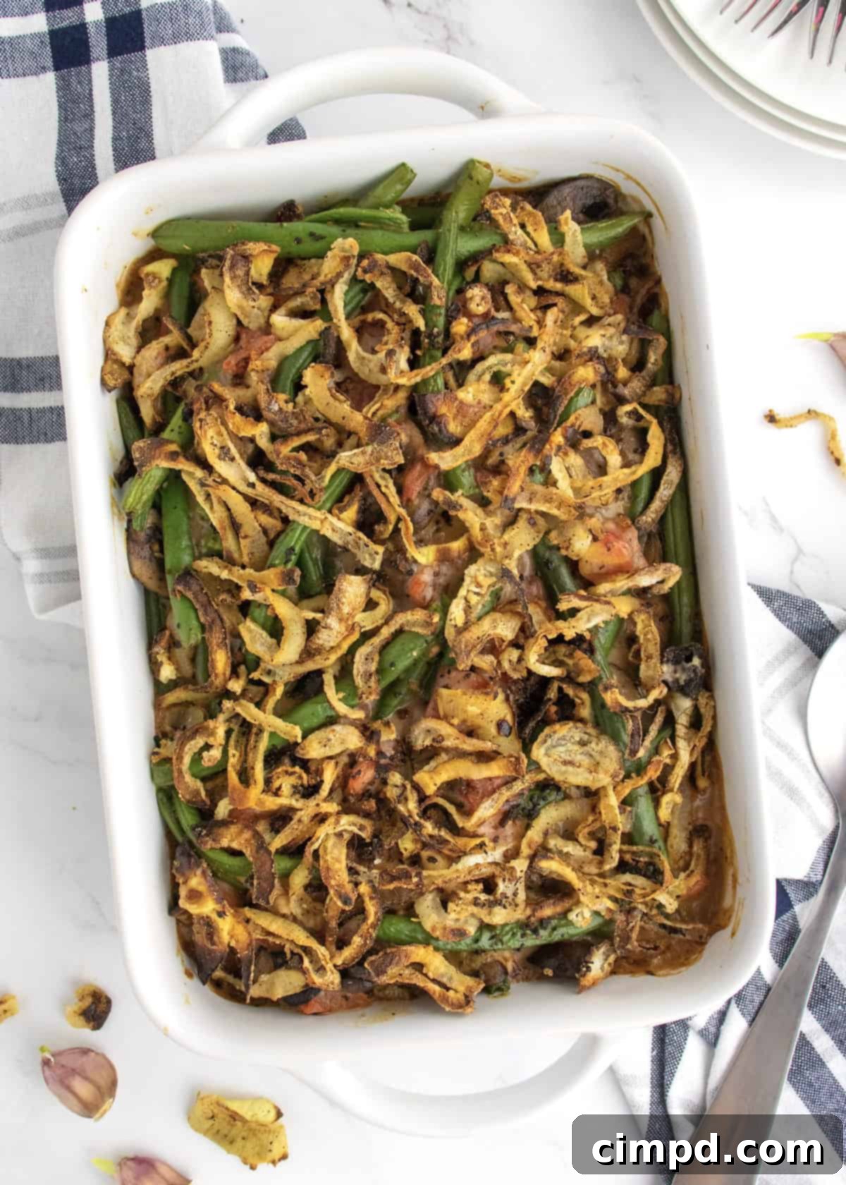 The finished, golden-brown Fresh Green Bean Casserole ready to serve