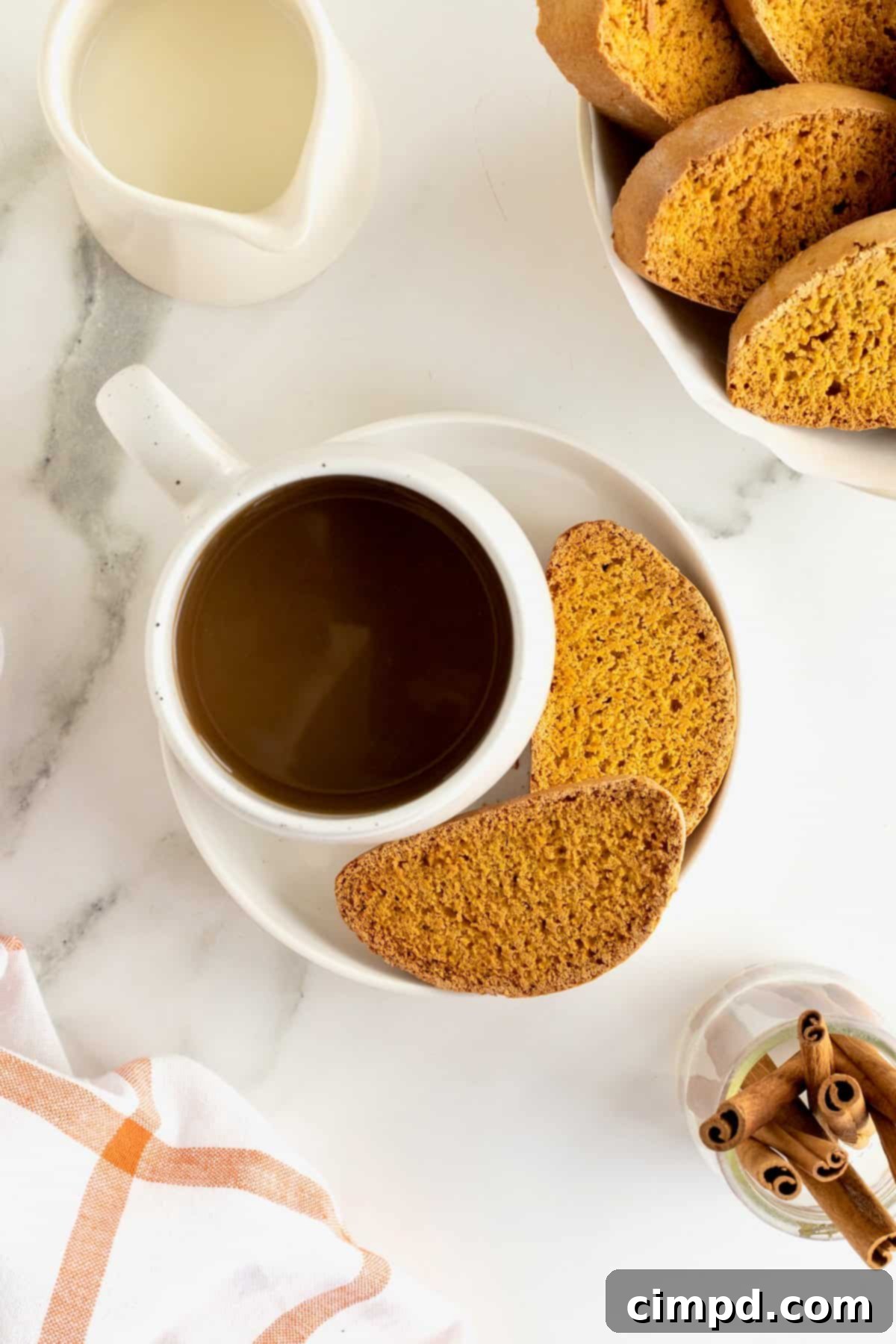 A white ceramic coffee cup and saucer, accompanied by two perfectly baked pumpkin spice biscotti, ready for a delicious pairing.