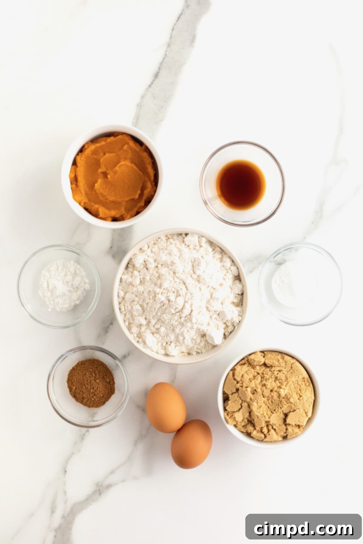 Small glass dishes filled with all the ingredients needed for pumpkin biscotti, meticulously arranged on a clean white marble counter.