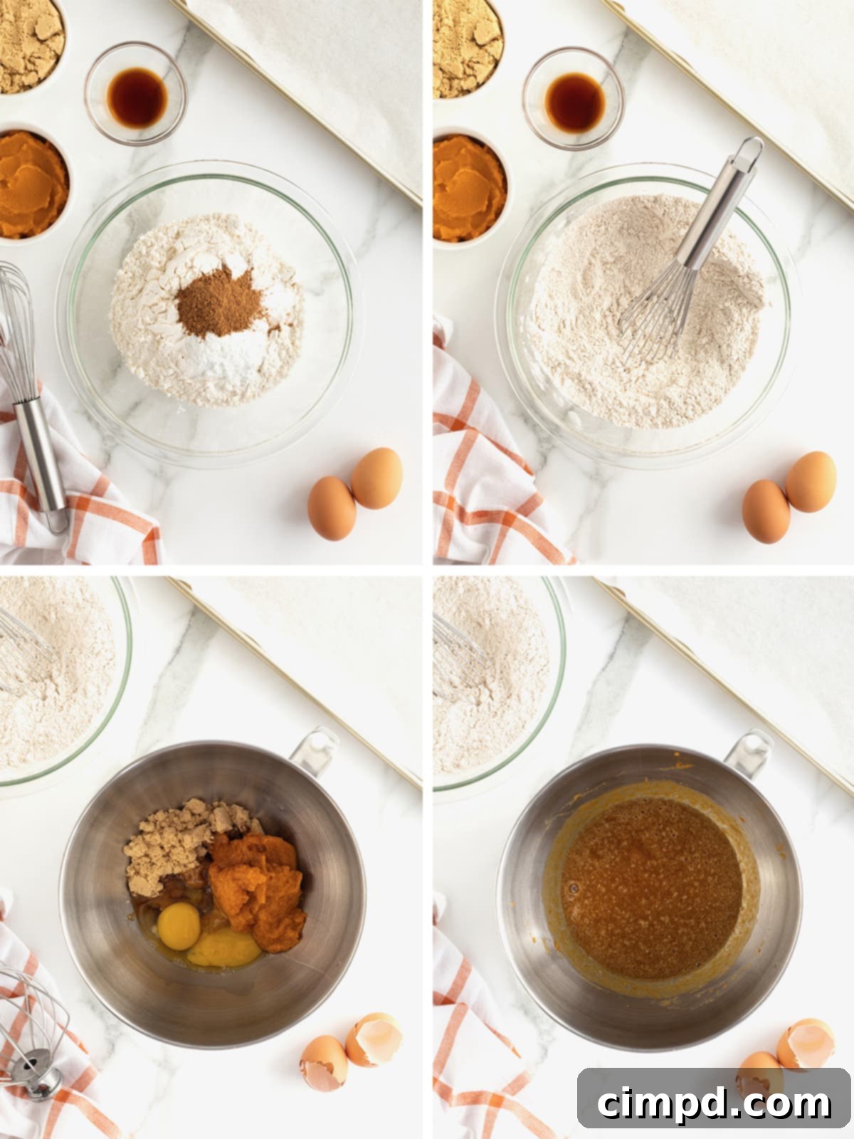 A visual guide showing the initial steps to make pumpkin biscotti dough: whisking dry ingredients, beating wet ingredients, and combining them.