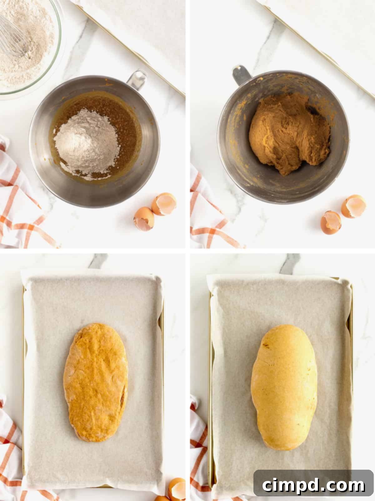Sequential images illustrating the steps to form and first-bake the pumpkin spice biscotti dough into a perfect loaf.