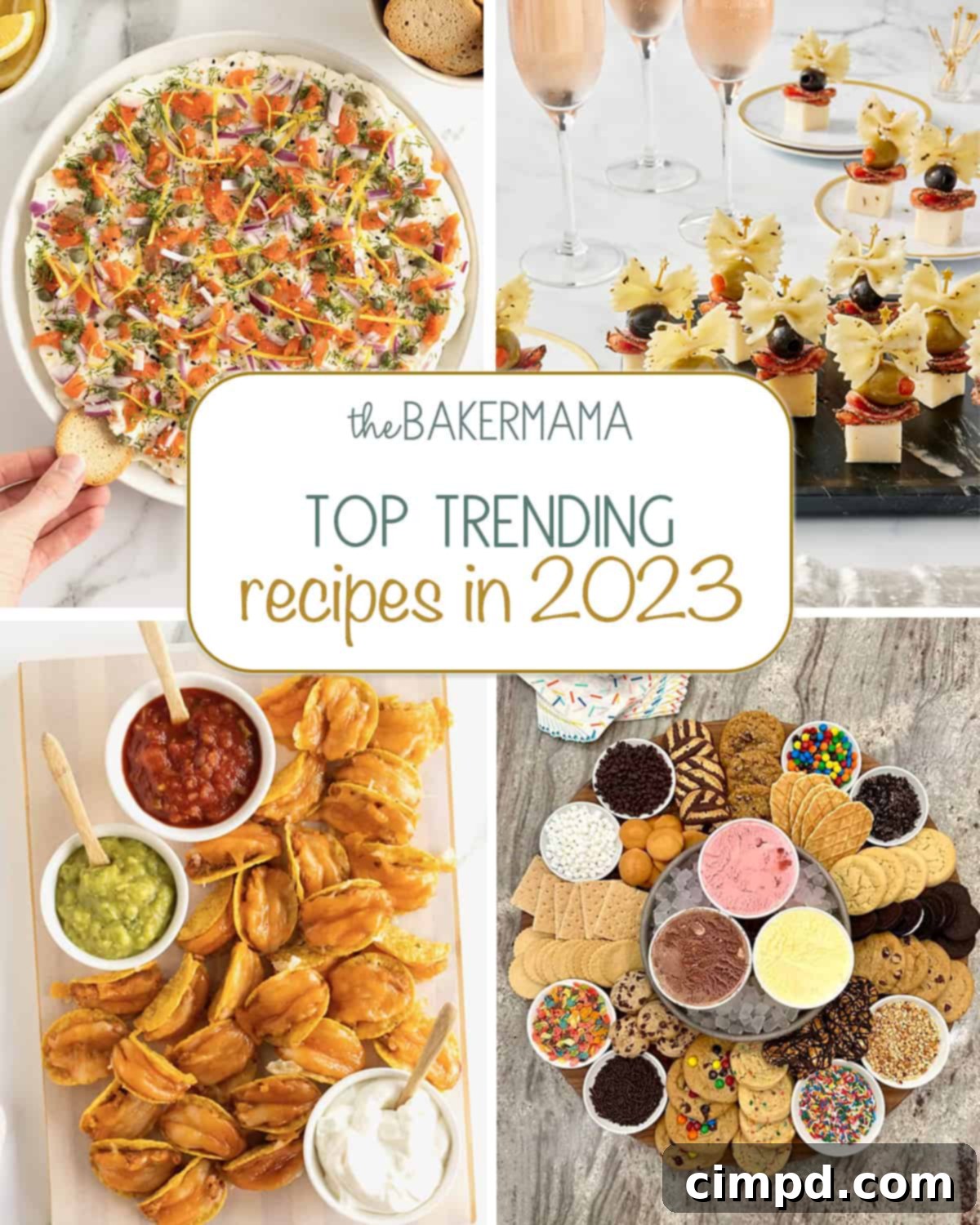 A vibrant collage showcasing the most popular trending recipes of 2023, including a creamy Smoked Salmon Bagel Dip, elegant Bow Tie Antipasto Bites, savory Bean and Cheese Taco Bites, and an elaborate Build-Your-Own Cookie Ice Cream Sandwich Board, highlighting a diverse range of culinary hits.