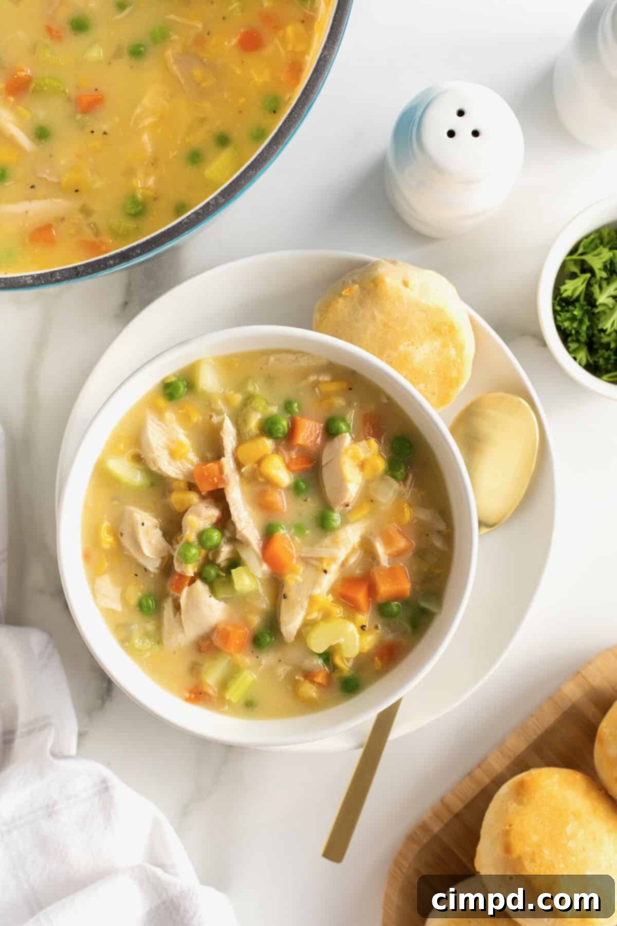 A pristine white ceramic bowl brimming with creamy Chicken Pot Pie Soup, garnished with fresh herbs, resting on a white plate with a spoon. A golden-brown biscuit is placed invitingly next to the bowl, with a salt shaker subtly in the background.