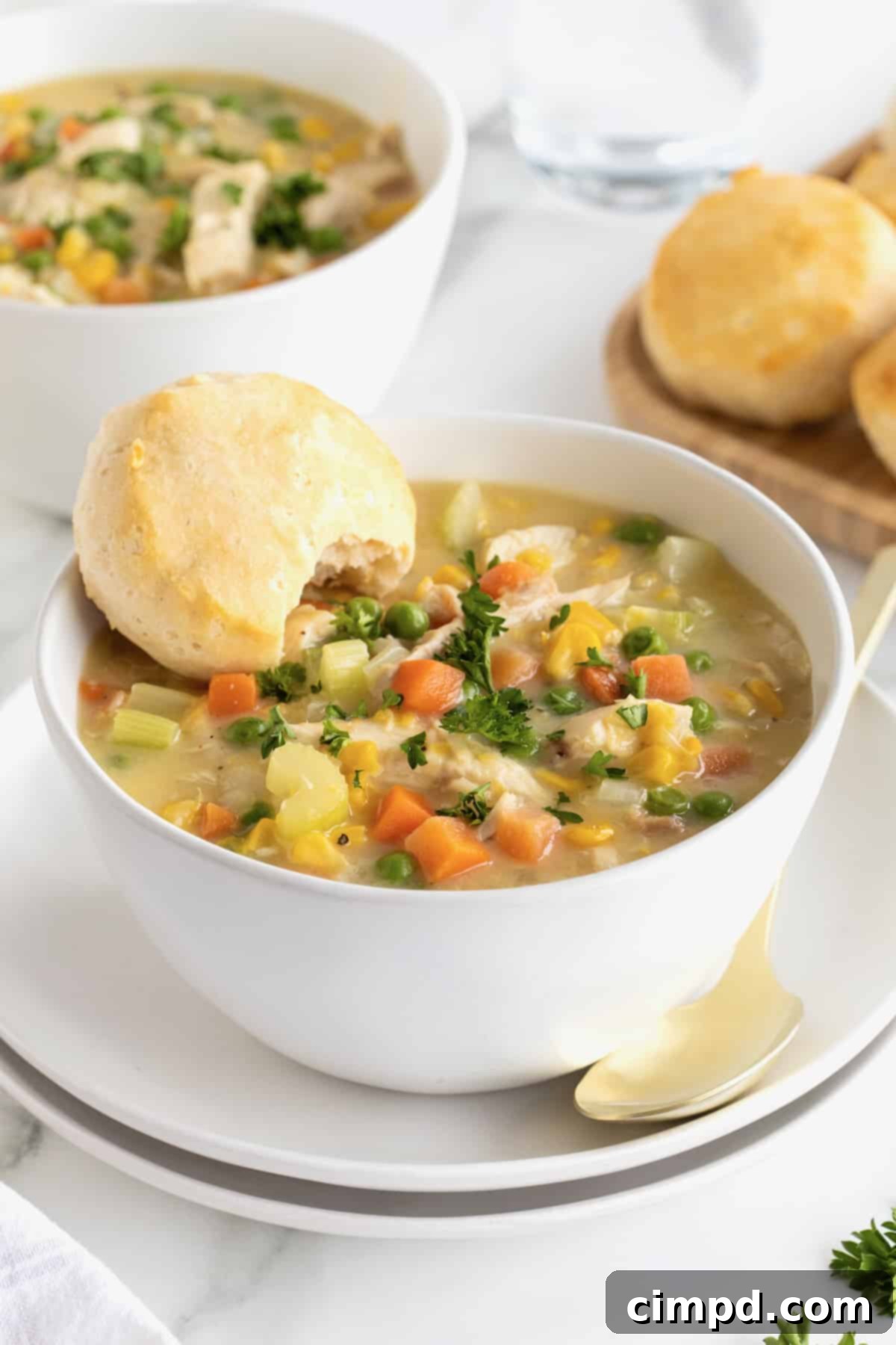 A white ceramic bowl filled generously with creamy Chicken Pot Pie Soup, presented on a matching white dinner plate with a spoon ready for tasting.