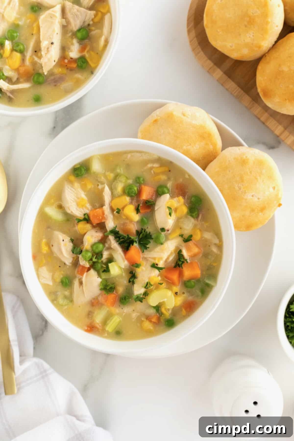 A beautiful white ceramic bowl of creamy Chicken Pot Pie Soup, presented on a white dinner plate, accompanied by two freshly baked homemade biscuits for dipping.