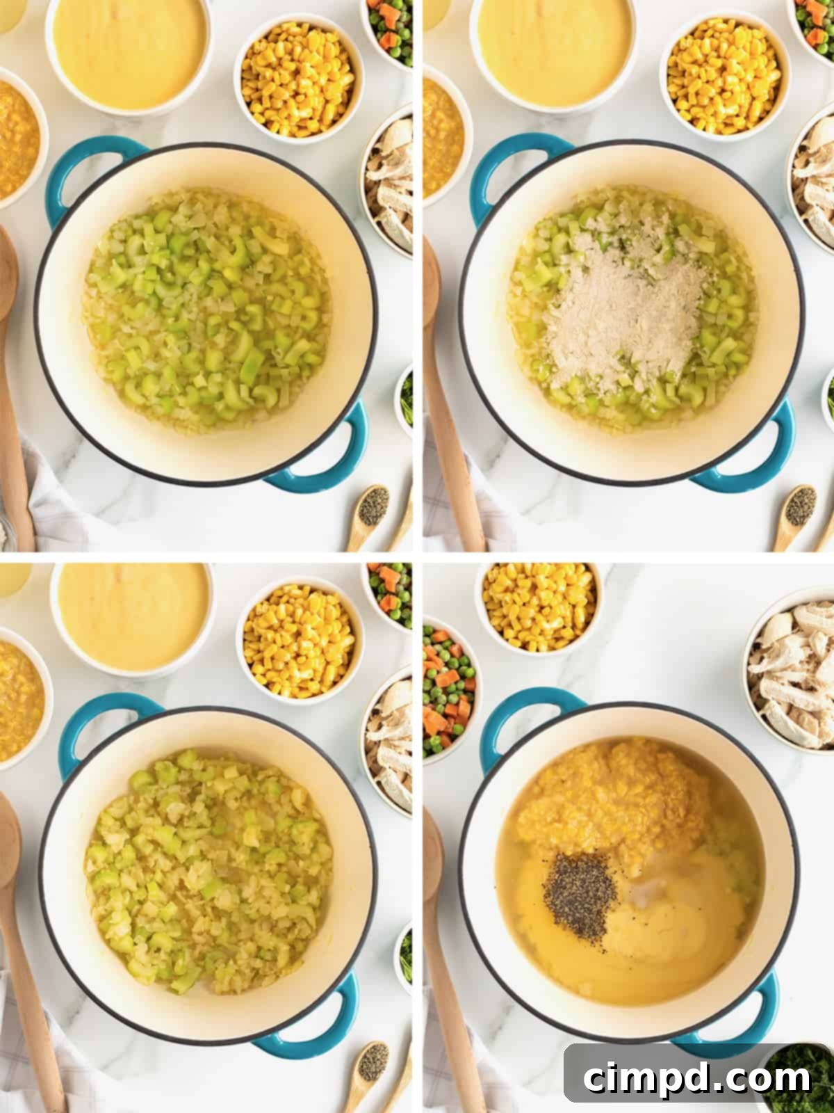 A visual step-by-step guide illustrating the initial stages of making Chicken Pot Pie Soup, showing ingredients being sautéed and combined in a pot.