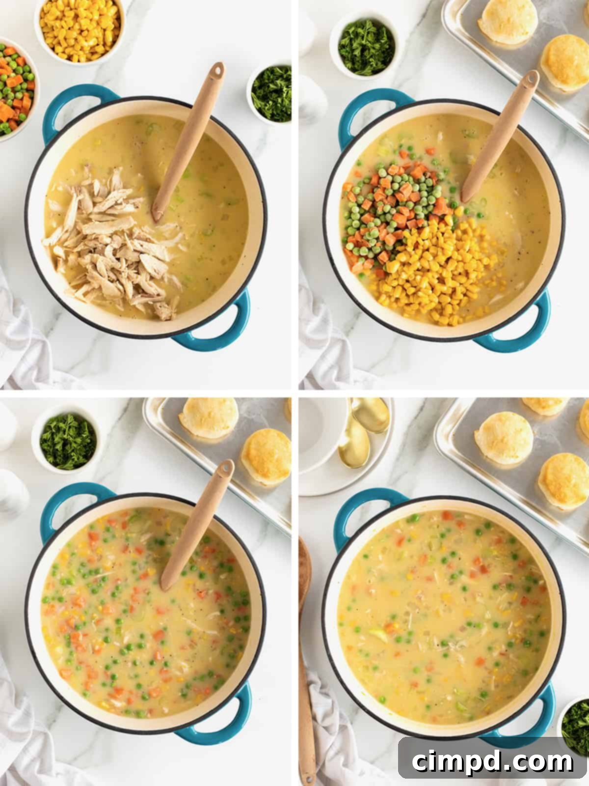 Additional visual steps for making chicken pot pie soup, illustrating the incorporation of chicken and vegetables, and the final simmer.