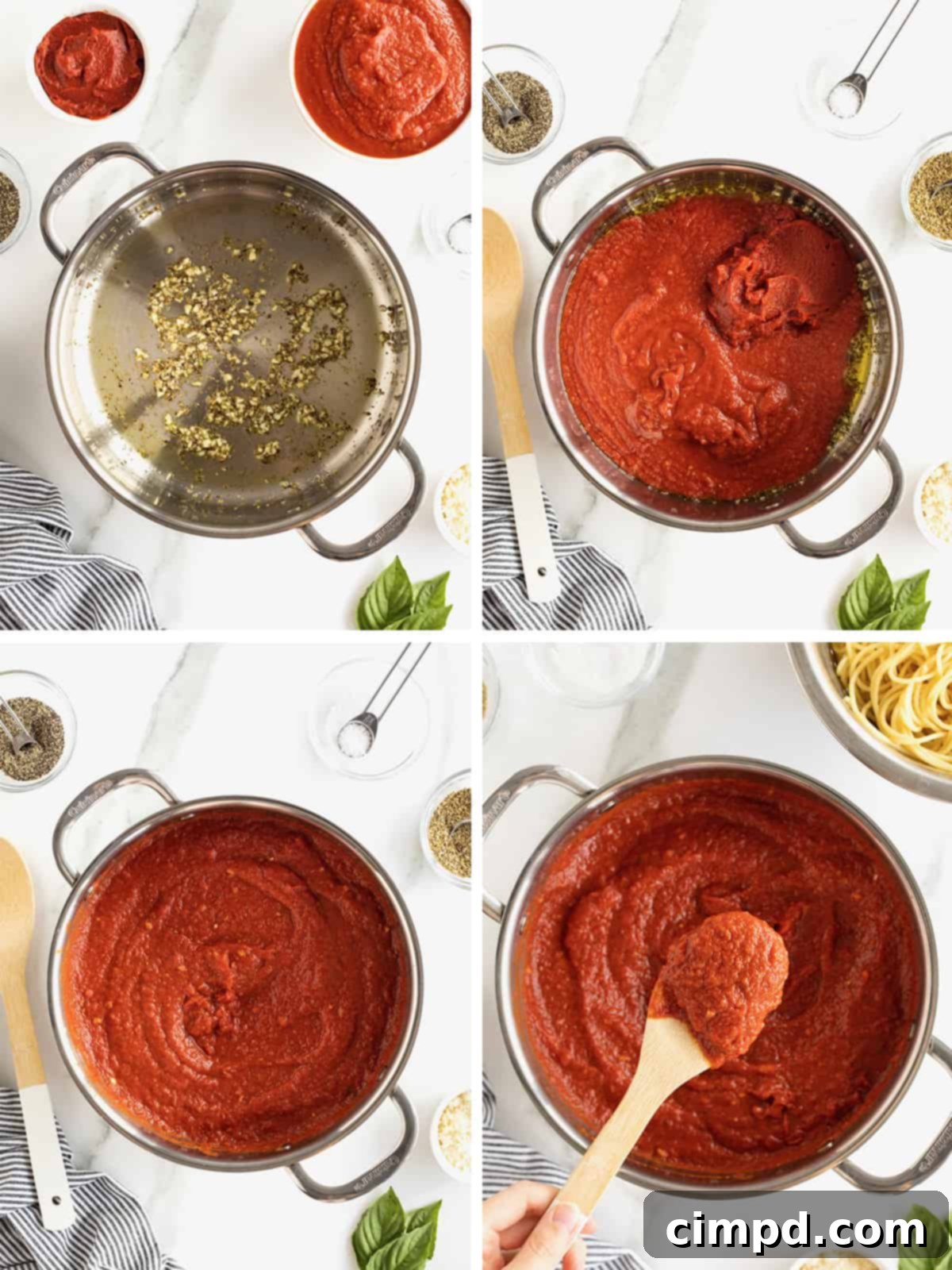 A step-by-step visual guide showing the process of making marinara sauce: heating olive oil with garlic and oregano, adding crushed tomatoes and tomato paste, simmering the sauce, and finally serving it garnished.