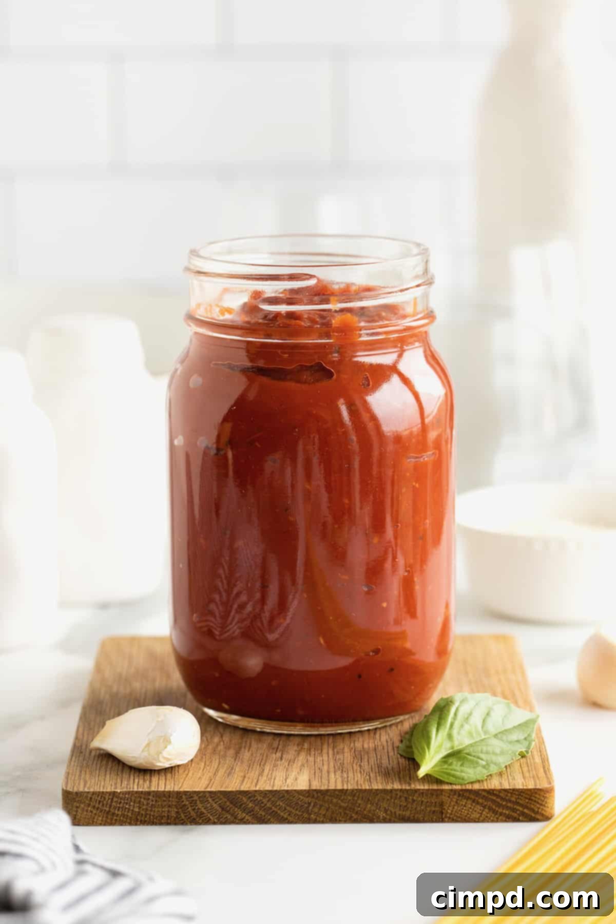 Rich red marinara sauce neatly stored in a tall glass jar, positioned on a rustic wooden cutting board, symbolizing fresh preservation.