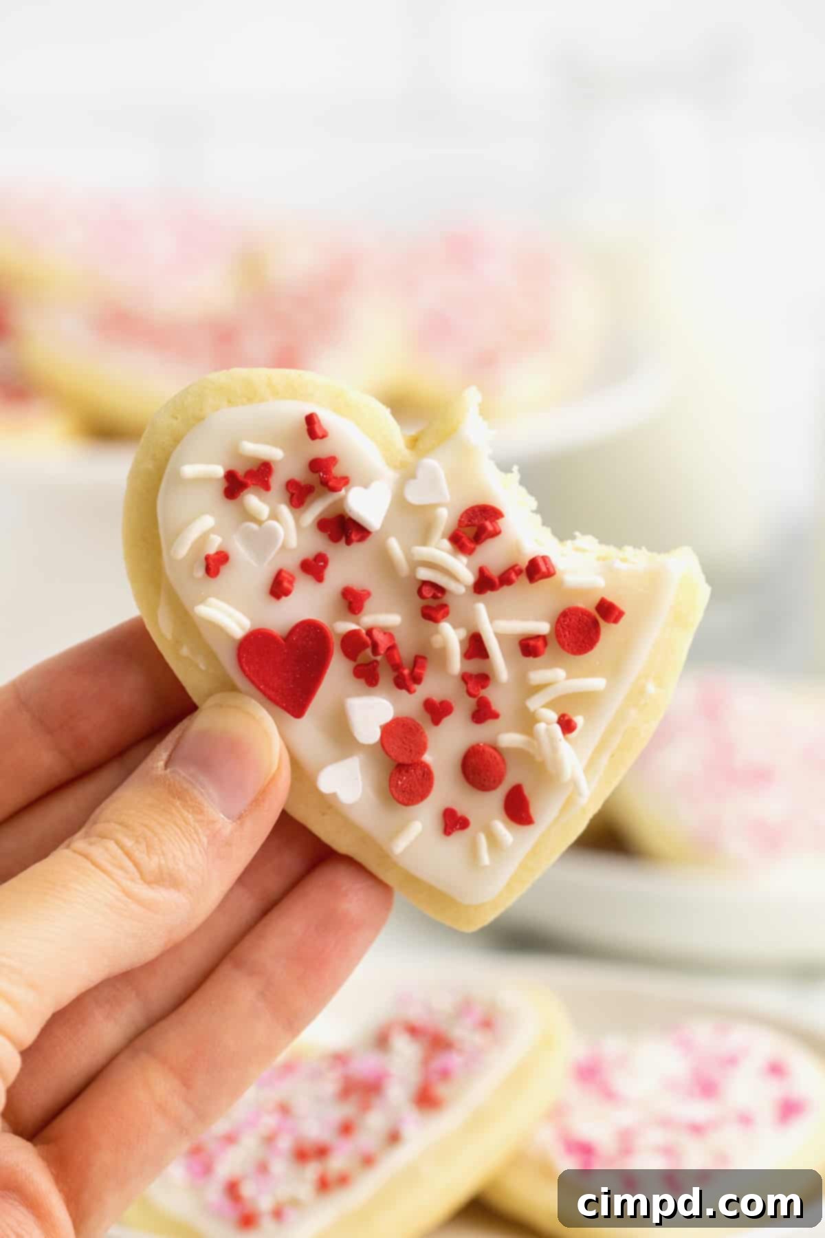 A hand delicately holding a heart-shaped sugar cookie, beautifully decorated with red and white sprinkles, with a playful bite taken out of its top right corner, showcasing its soft interior.
