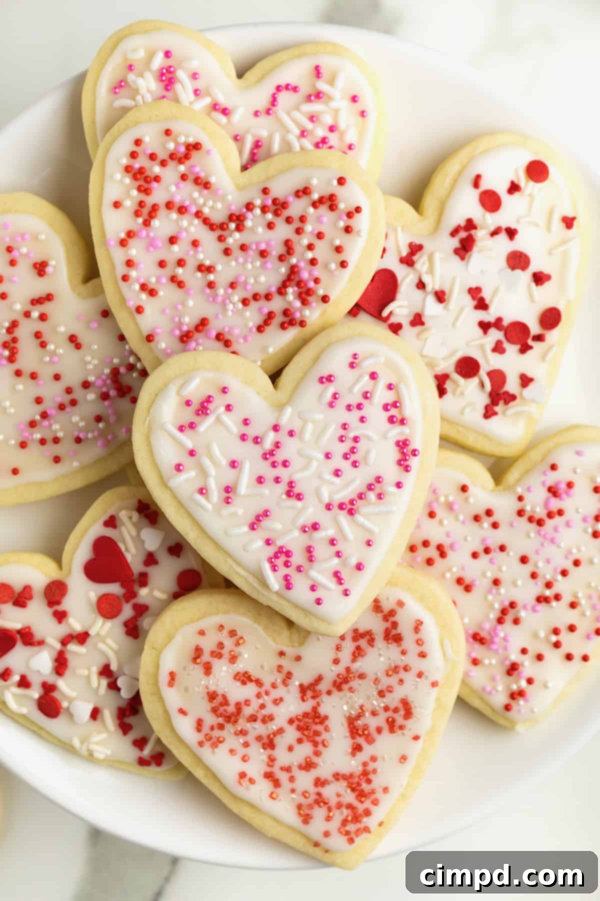 A pristine large white plate showcasing an array of perfectly baked heart-shaped sugar cookies, each adorned with smooth white icing and a delightful mix of red, white, and pink sprinkles.