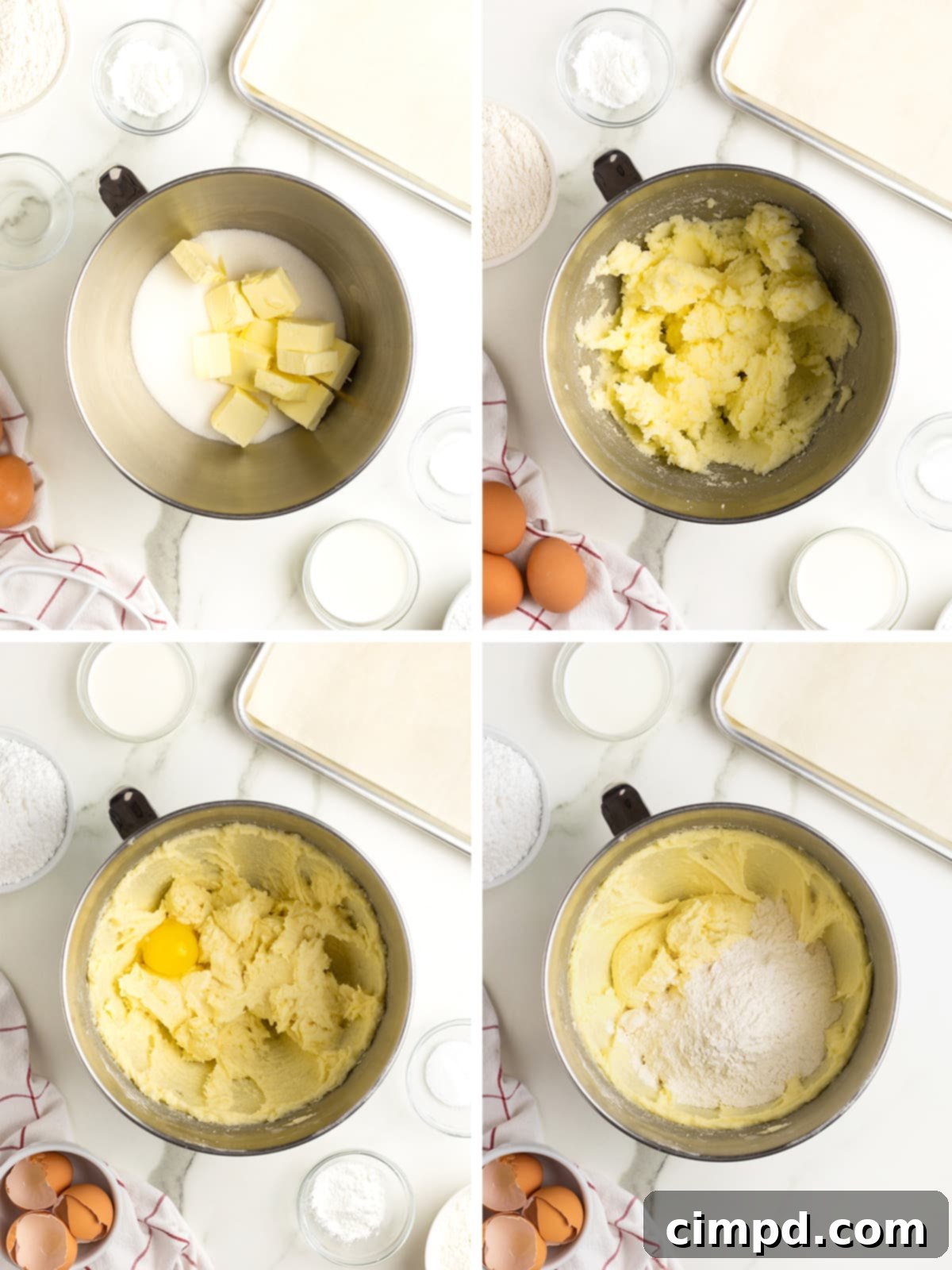 A series of images demonstrating the initial steps to make sugar cookie dough in a stand mixer, showing butter and sugar creaming, and then the addition of wet ingredients.