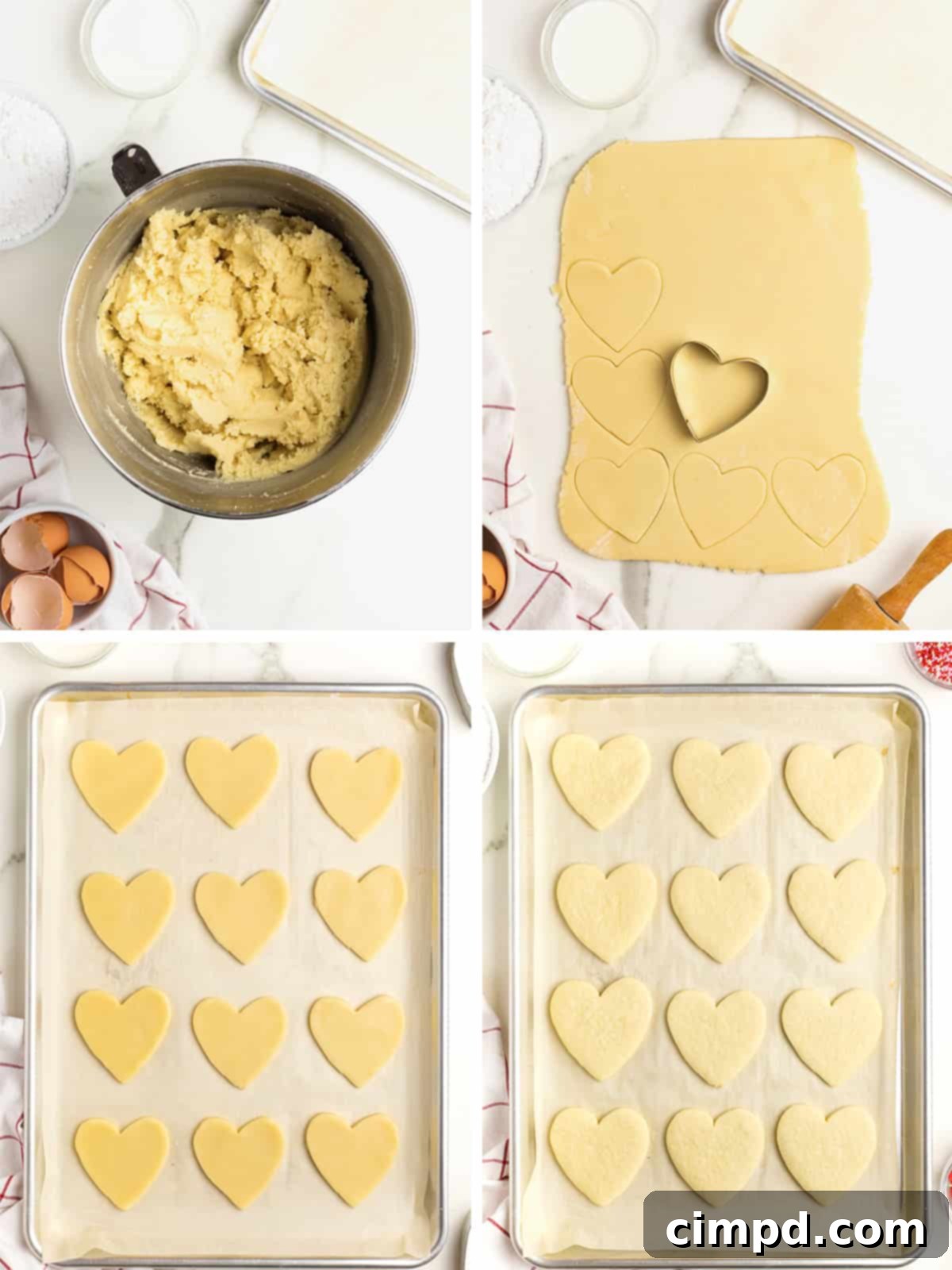 A visual guide showing the steps for rolling out sugar cookie dough, cutting it into heart shapes, and placing them on a baking sheet, ready for the oven.