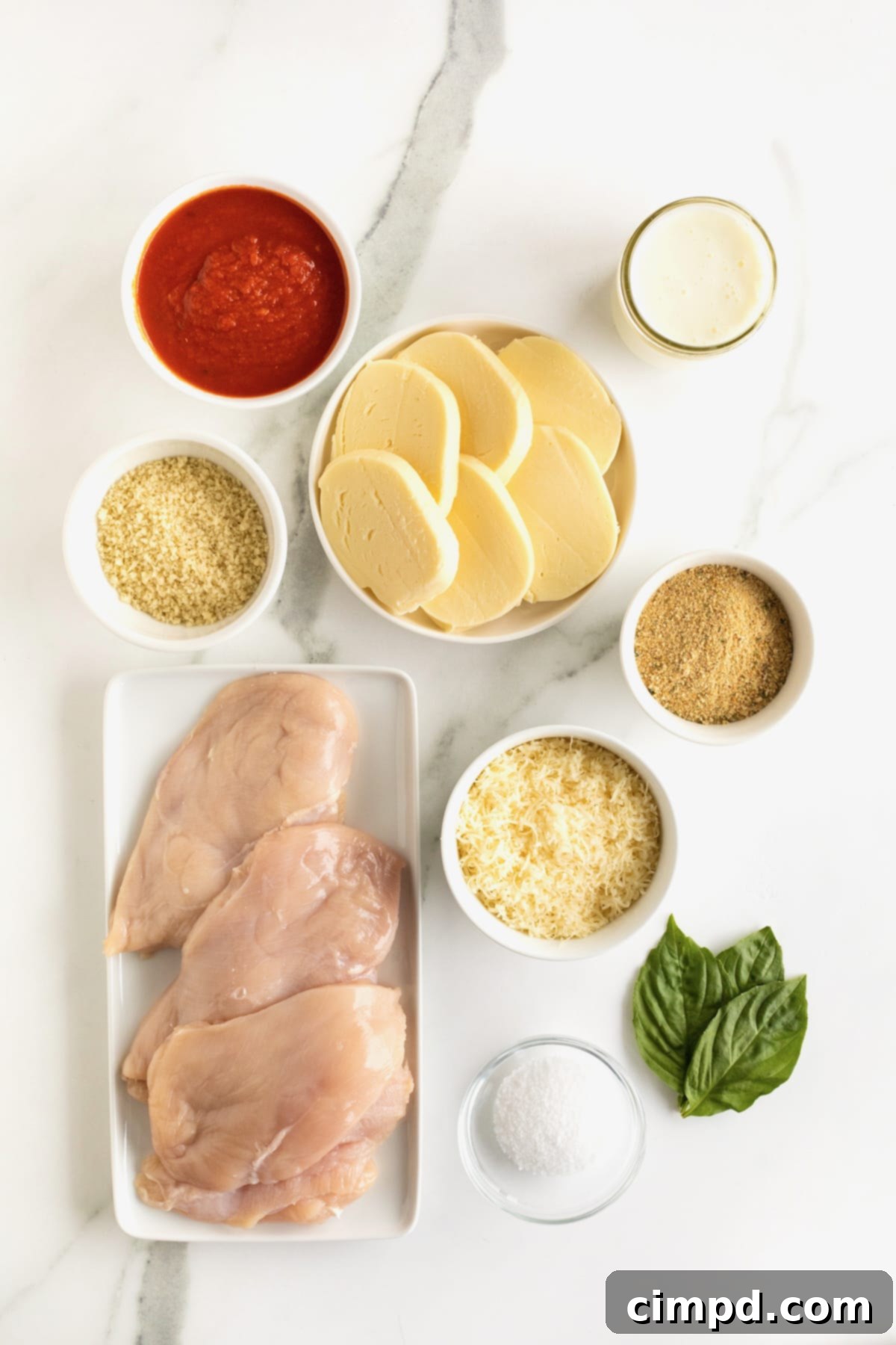 Ingredients to make homemade chicken parm in white dishes on a white marble counter.