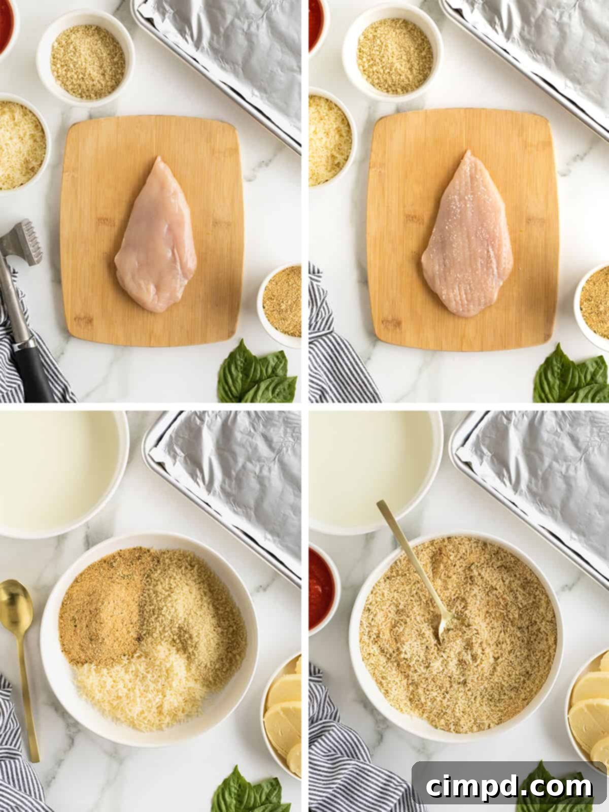 Steps to make chicken parmesan.