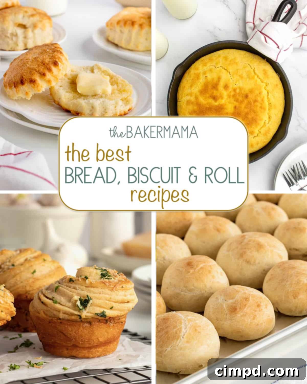 Irresistible Breads, Biscuits and Rolls 2 A diverse selection of homemade baked goods including flaky buttermilk biscuits, golden cornbread, savory garlic herb parmesan cruffins, and classic dinner rolls.