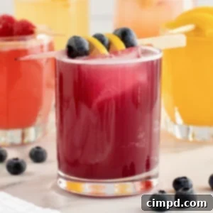 Strawberry Vodka, Orange Tequila, Raspberry Rum, Apricot Bourbon and Blueberry Gin cocktails.