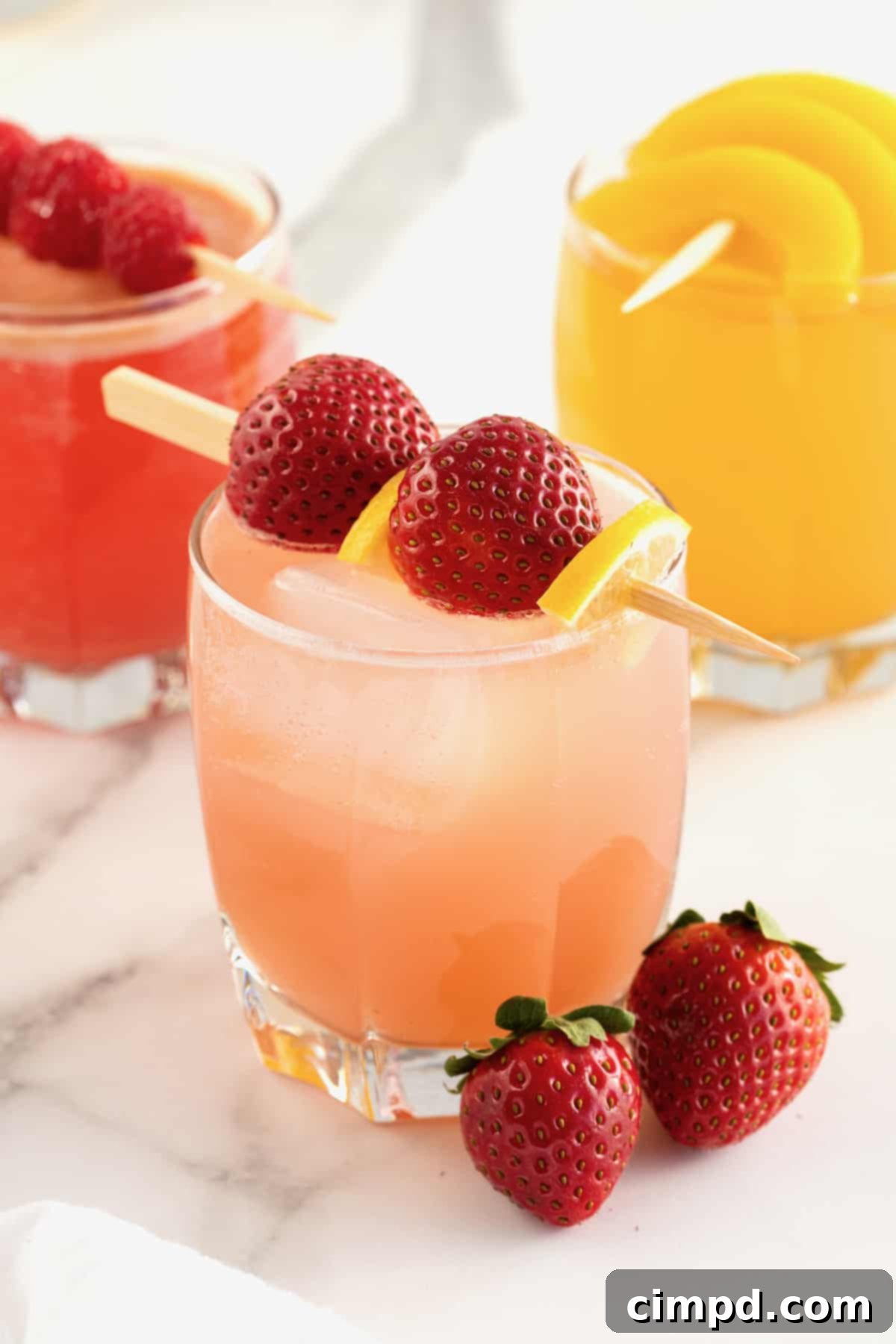 A vibrant strawberry jam and vodka cocktail in a small glass, elegantly garnished with fresh strawberries and lemon slices.