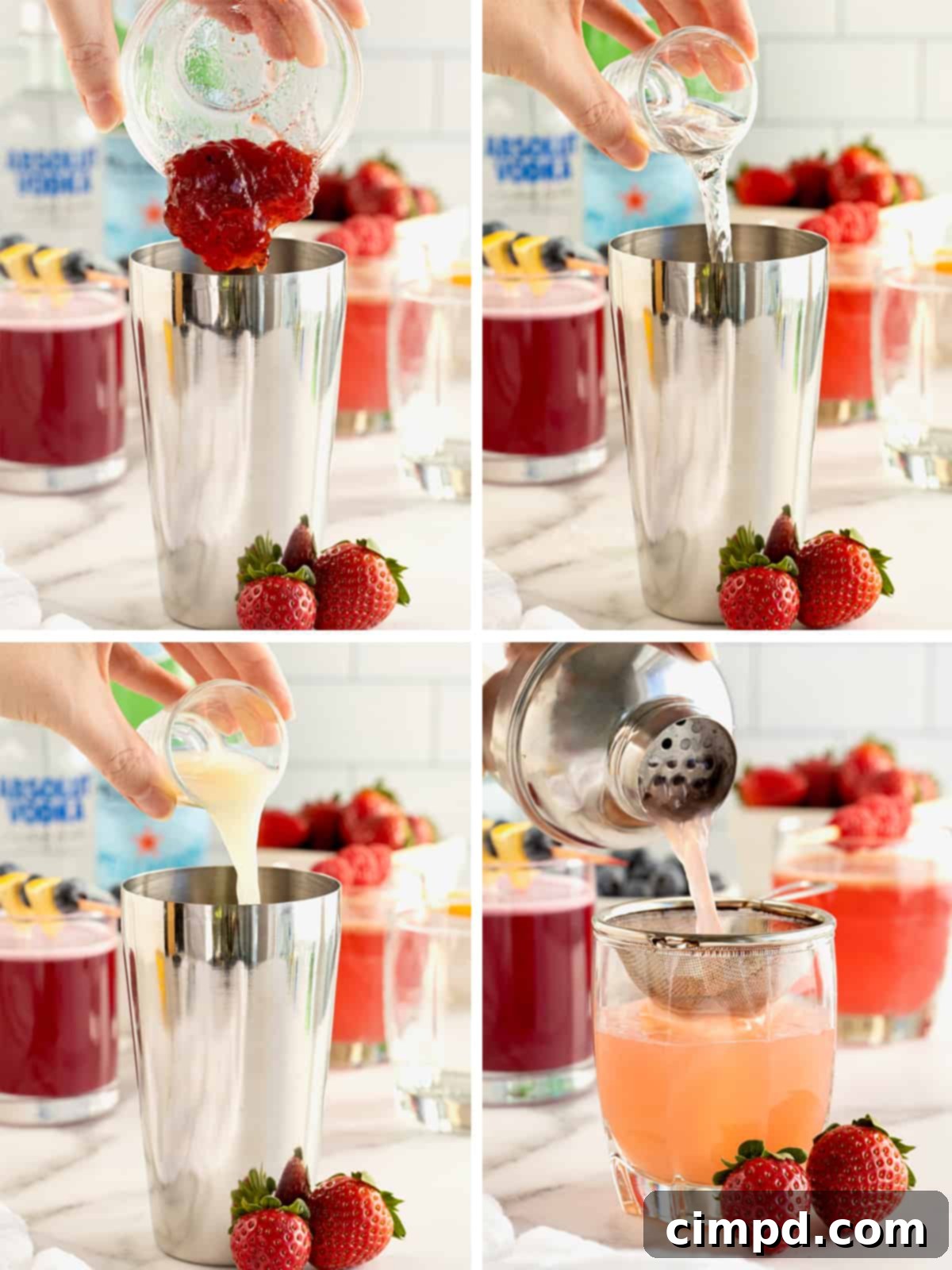 A visual guide demonstrating the steps to make 4-Ingredient Jam Cocktails, from mixing to shaking and straining.