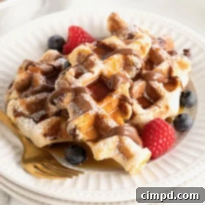A large white fluted plate with two waffle-textured pastries topped with powdered sugar, a Nutella drizzle, maple syrup, blueberries and raspberries.