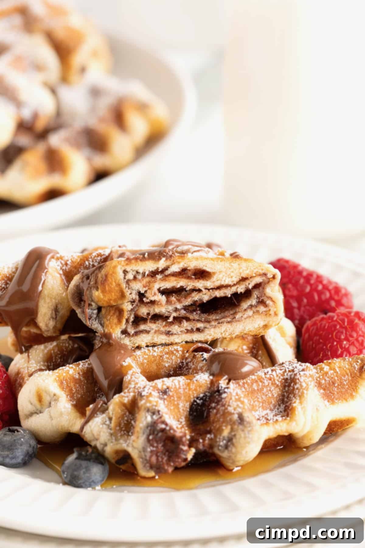 A pastry with layers of croissant and Nutella cut in half on a plate with raspberries.