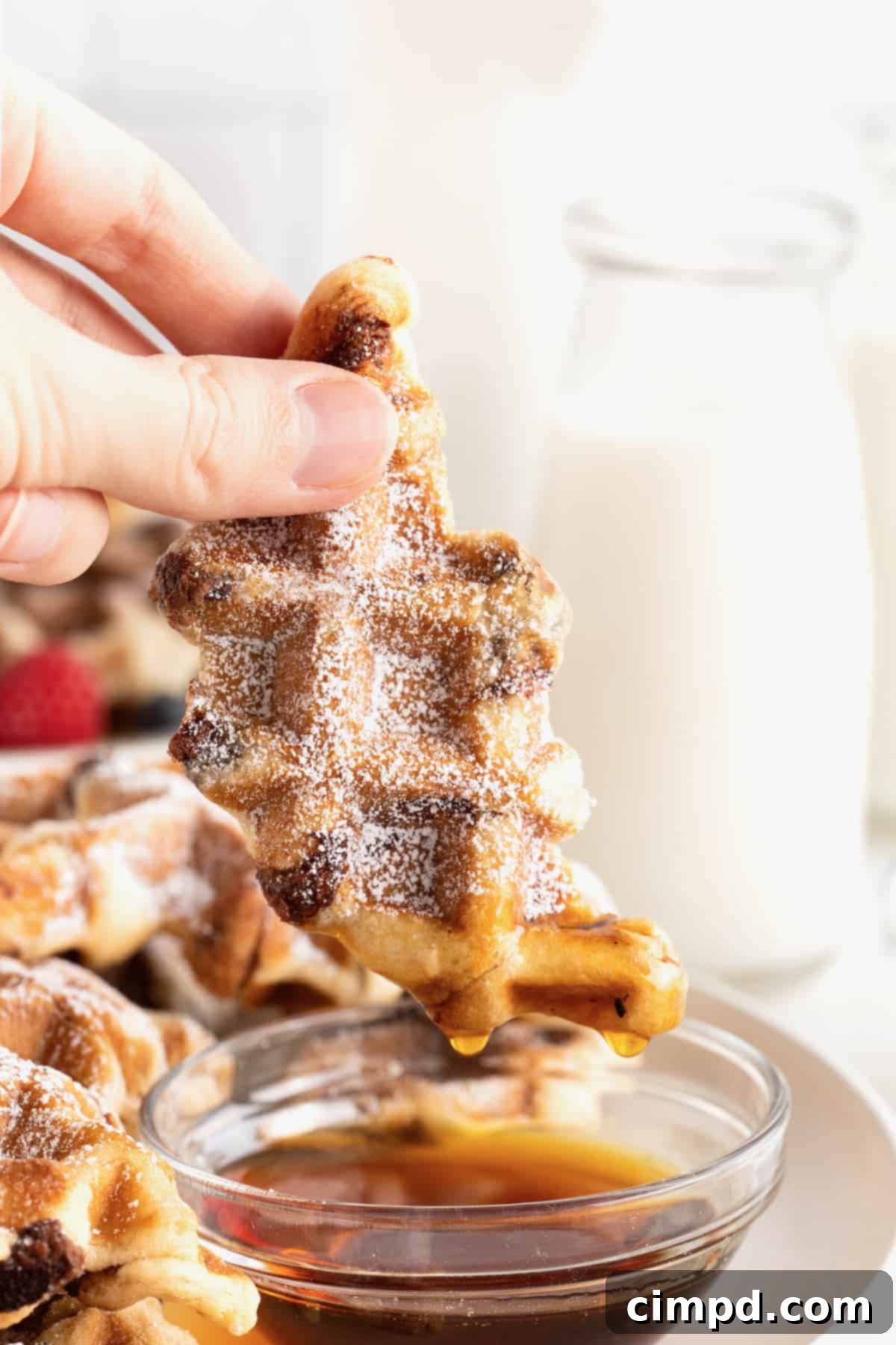 A hand pinching a croffle between thumb and forefinger and dipping it in a small glass dish of maple syrup.