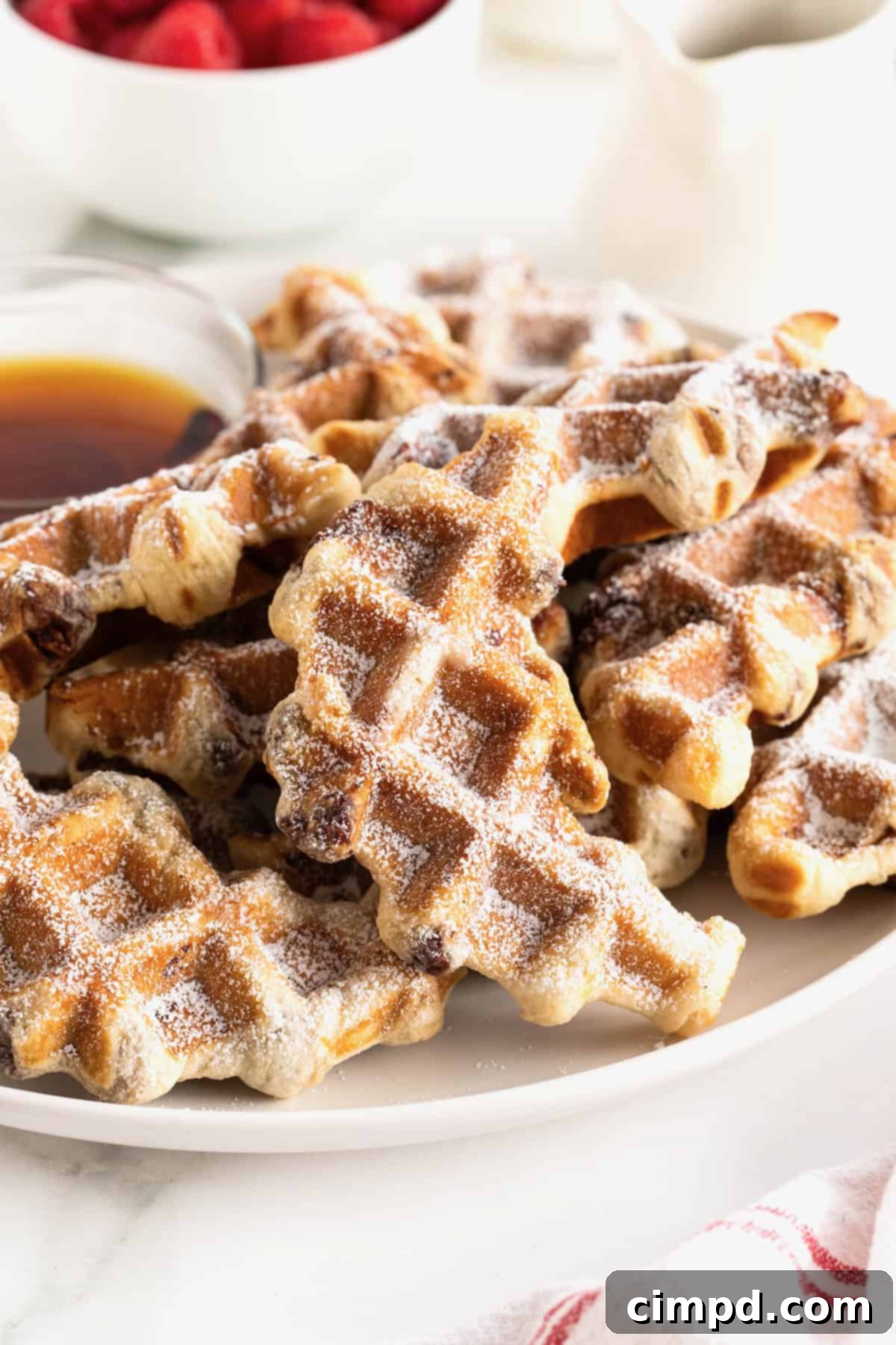 A large white serving plate filled with Nutella croffles. There is a small glass dish of maple syrup on the top left of the plate.