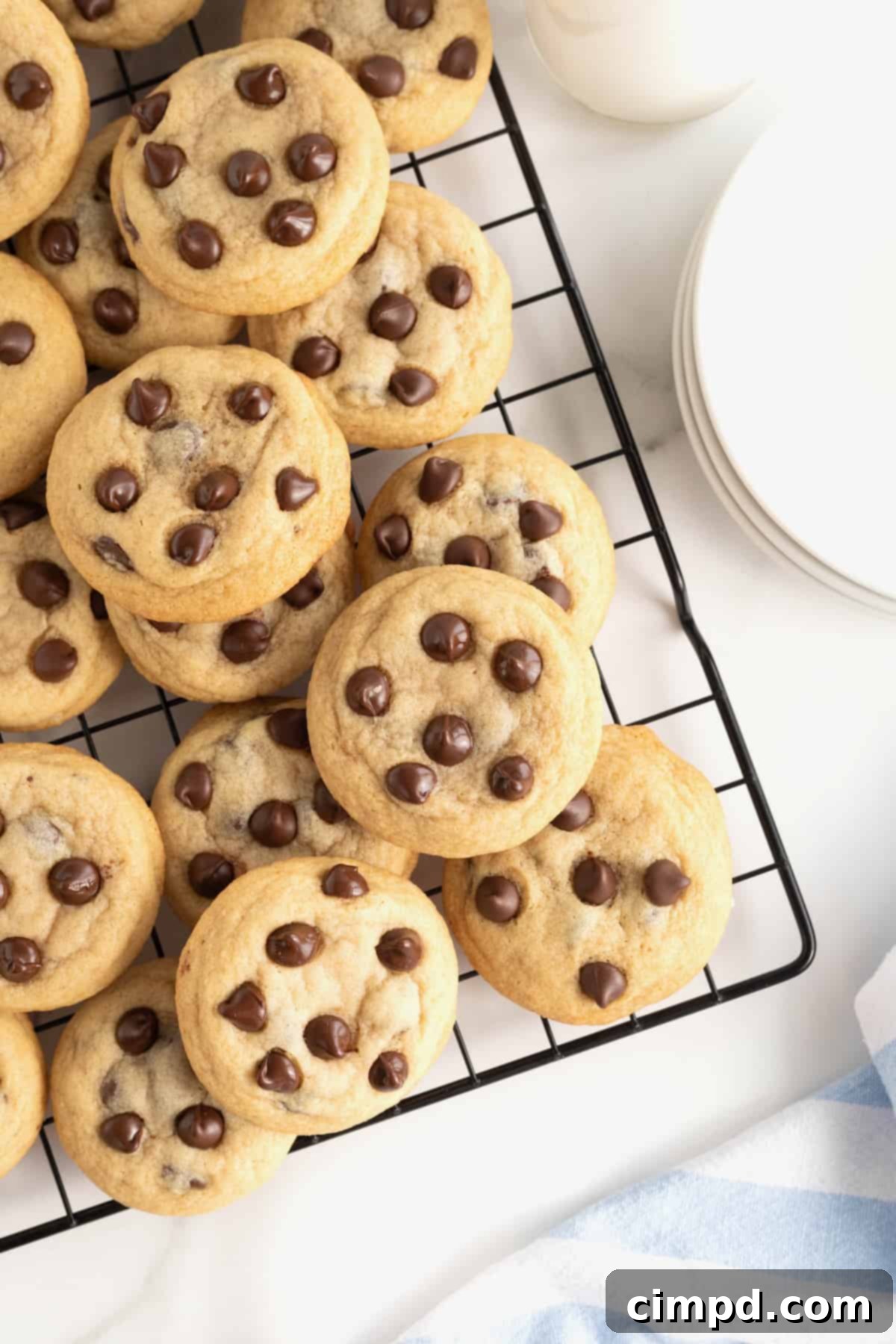 The Ultimate Chocolate Chip Cookies 2 A dark metal cooling rack filled with golden brown chocolate chip cookies, invitingly arranged. A stack of pristine white plates sits in the background, ready for serving.