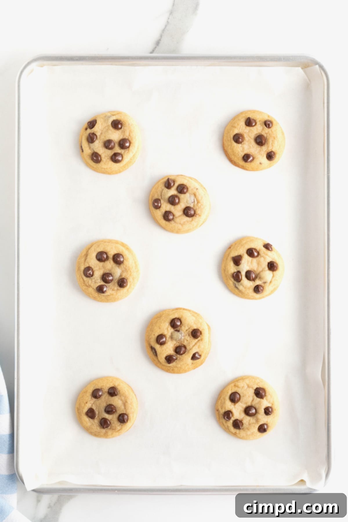 The Ultimate Chocolate Chip Cookies 10 Eight freshly baked chocolate chip cookies rest on a parchment-lined aluminum baking sheet, their golden-brown edges indicating perfect doneness.