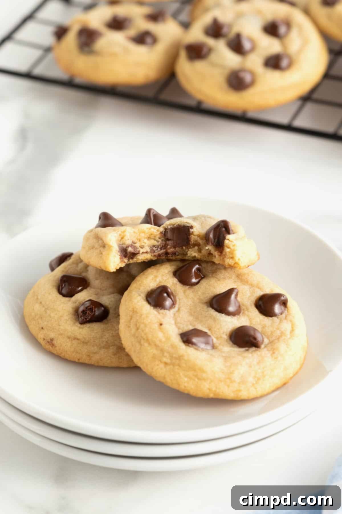 The Ultimate Chocolate Chip Cookies 3 Three perfectly baked chocolate chip cookies artfully arranged on a small white plate. The top cookie shows a tempting bite taken out, revealing its soft, chewy interior.