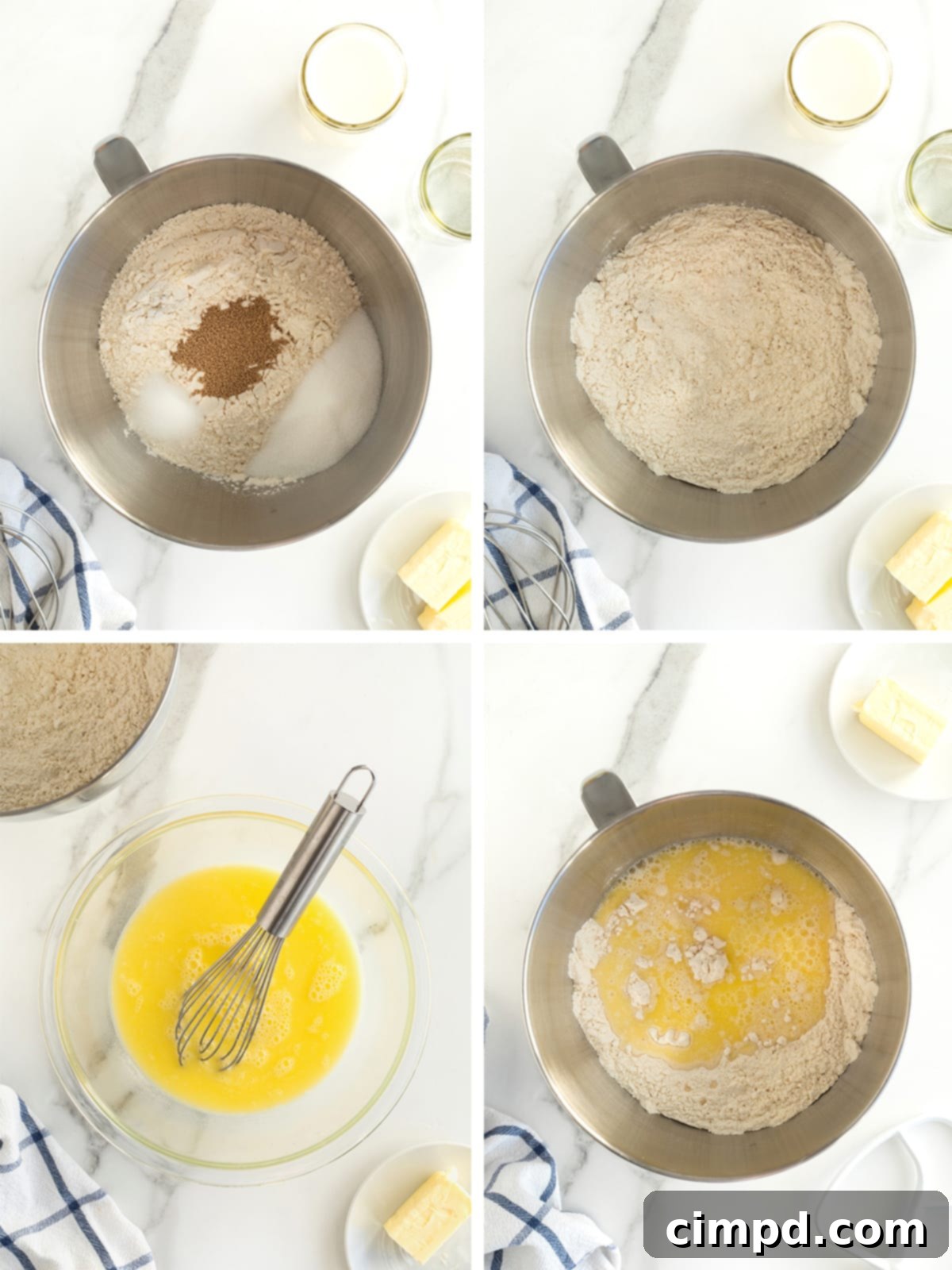 Traditional Dinner Rolls 6 A visual step-by-step guide illustrating the initial stages of making basic yeast dinner rolls, showing ingredients being mixed and dough forming in a stand mixer.