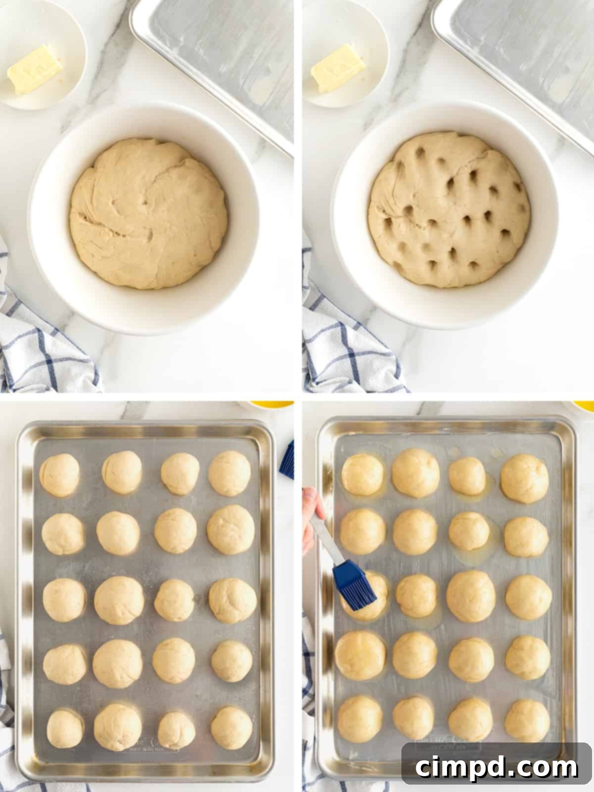 Traditional Dinner Rolls 7 A visual step-by-step guide demonstrating the shaping and preparation stages for classic yeast dinner rolls, showing dough balls arranged on a baking sheet and being brushed with butter.