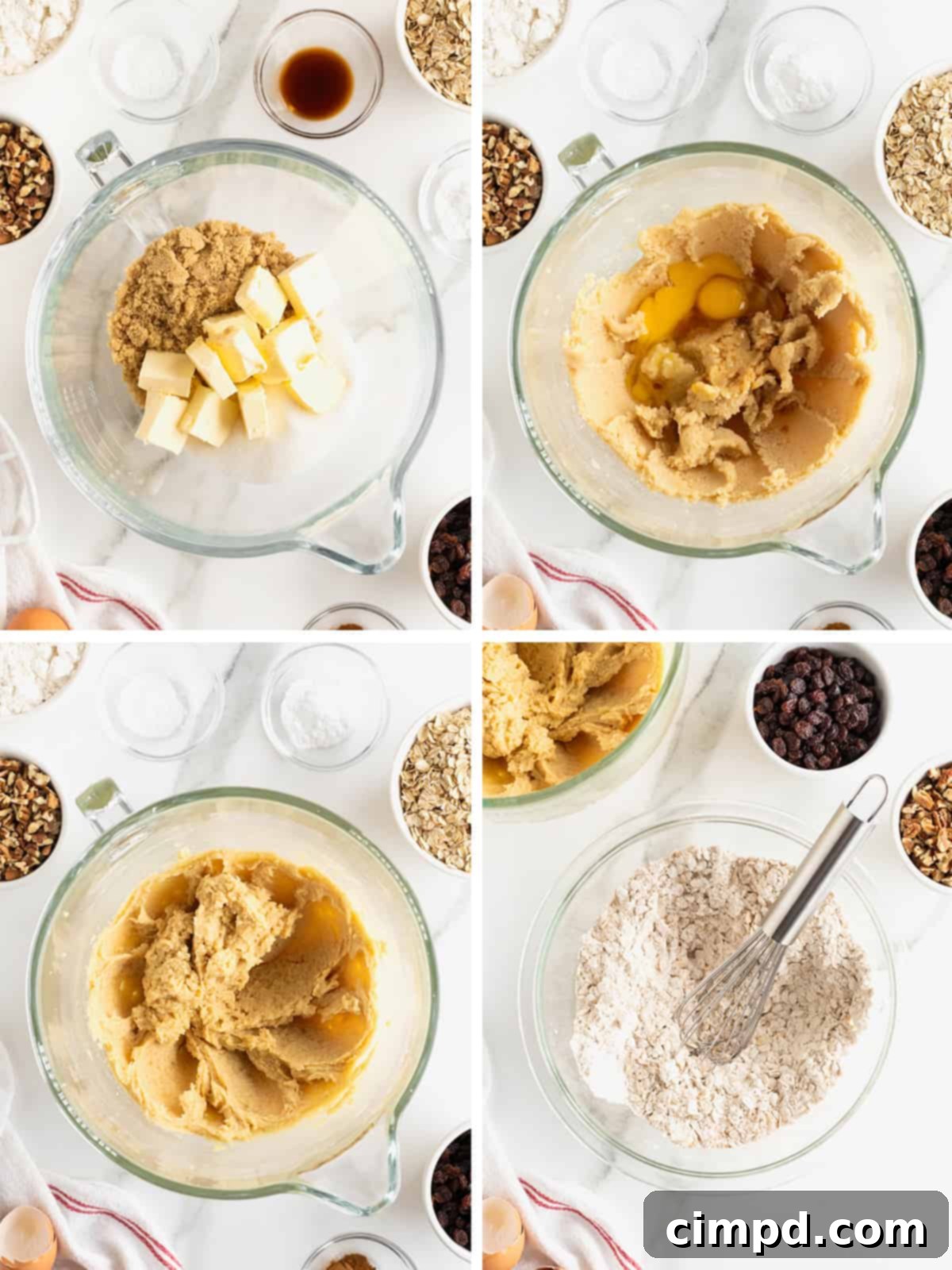 Pecan Oatmeal Raisin Cookies 7 A visual representation of the initial steps to make oatmeal raisin cookies with pecans, showing ingredients being mixed.