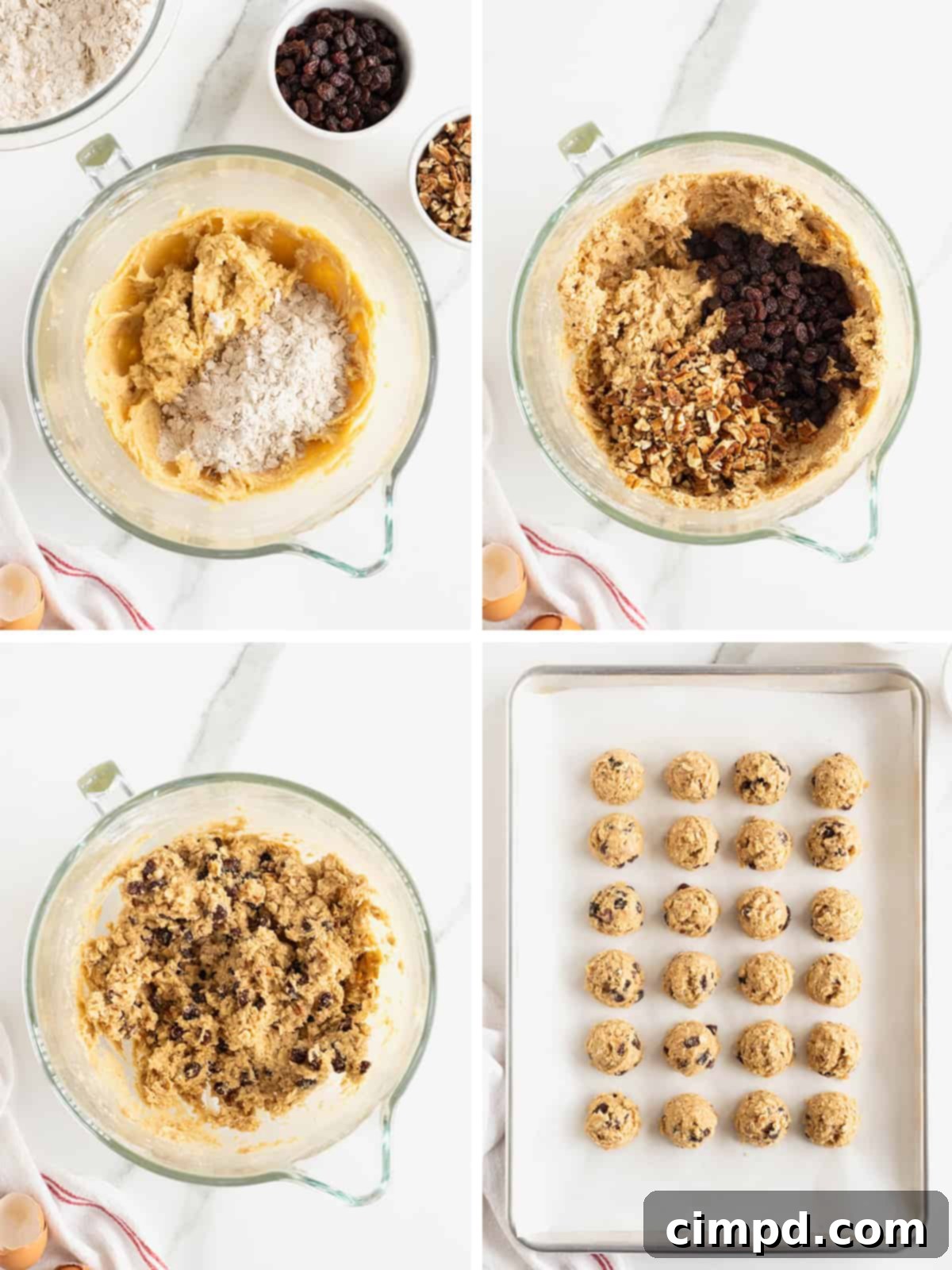 Pecan Oatmeal Raisin Cookies 8 Visual steps illustrating the process of preparing oatmeal raisin cookie dough with pecans, including chilling.