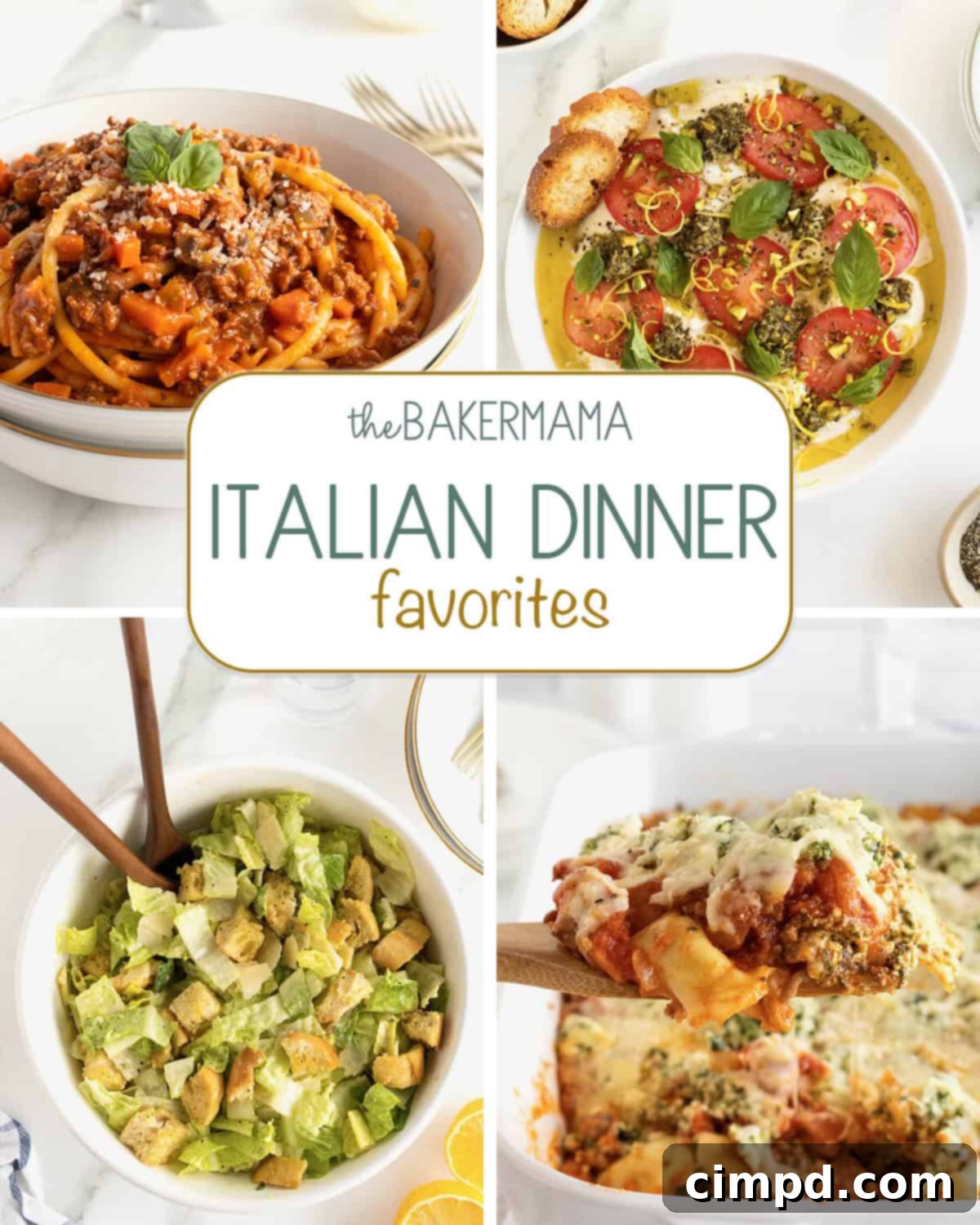 A vibrant collage of Italian dinner favorites including bucatini bolognese, burrata caprese, chopped Caesar Salad, and ravioli lasagna, showcasing the diverse appeal of Italian cuisine.