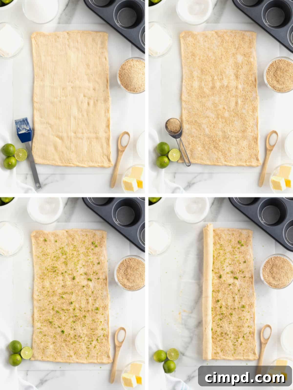 A visual guide showing the initial steps to make key lime cruffins, including rolling out dough, spreading butter, sprinkling ingredients, and rolling the dough into logs.
