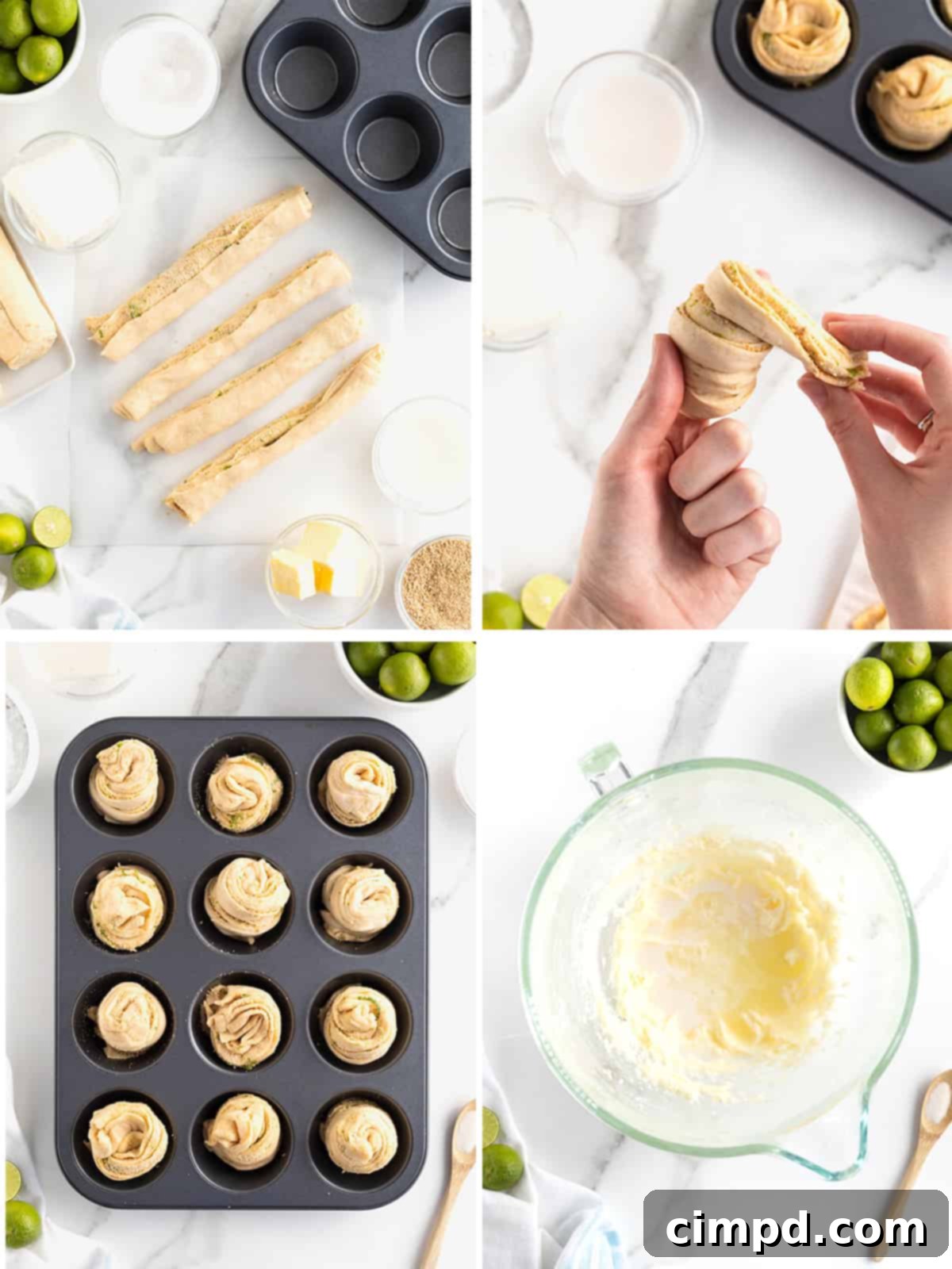 A visual guide demonstrating the mid-process steps for making key lime cruffins, including cutting and shaping the dough, placing it in a muffin pan, and baking.