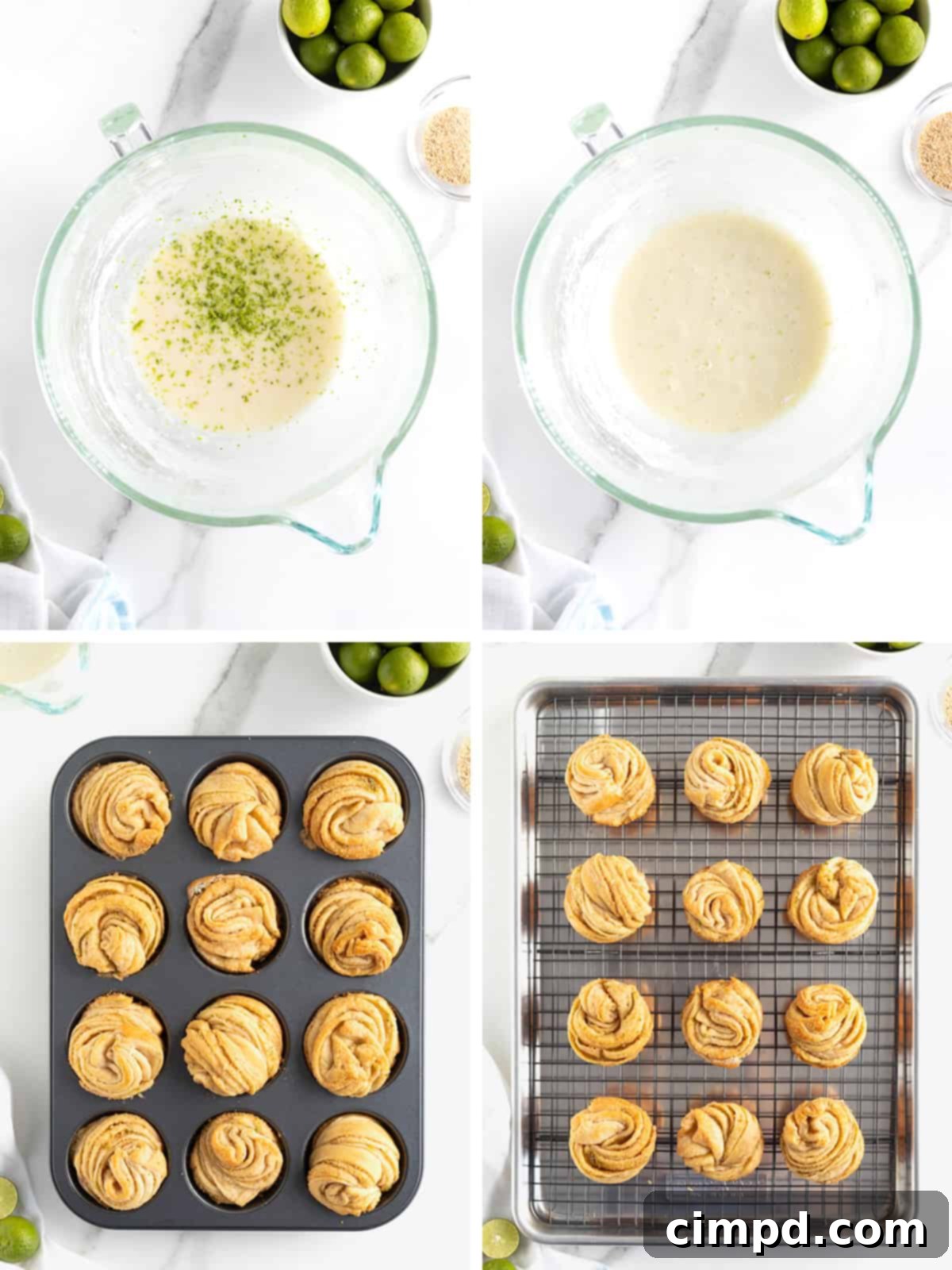A visual guide showing the final steps of making key lime cruffins, including preparing the cream cheese icing and transferring the baked cruffins to a cooling rack.