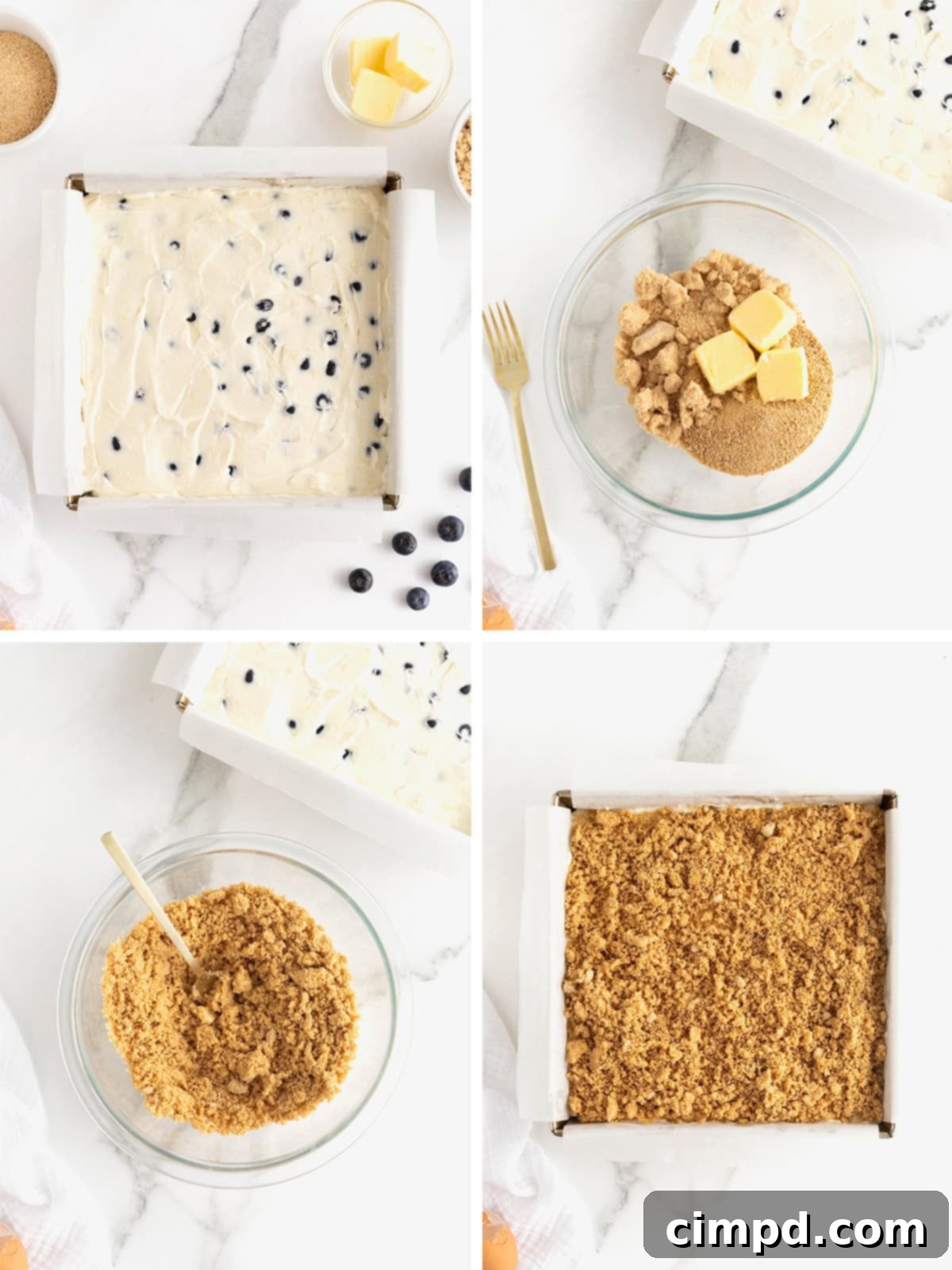 A visual sequence detailing the final steps of making lemon blueberry cheesecake bars, including pouring the filling, adding streusel, and baking.