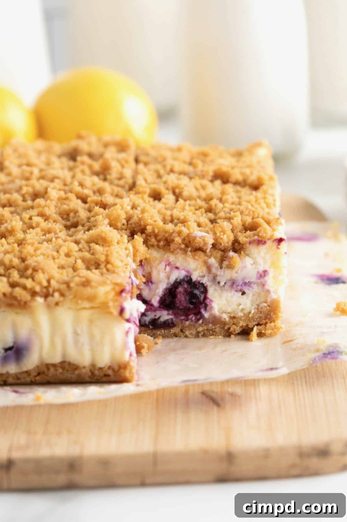 A beautiful side view of several lemon blueberry cheesecake bars arranged neatly on a parchment-lined cutting board, ready for serving.
