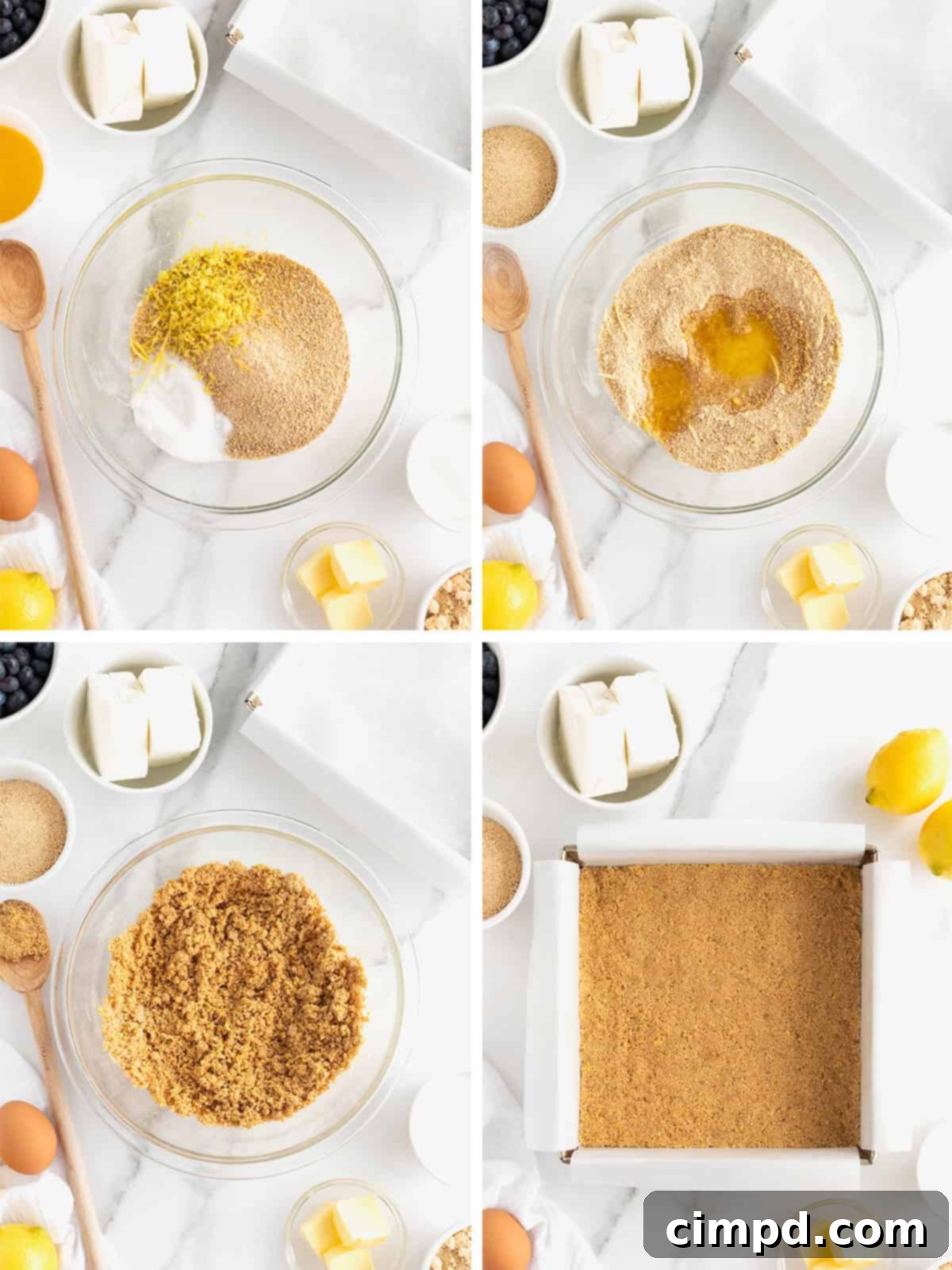 A visual guide showing the initial steps to make lemon blueberry cheesecake bars, including preparing the crust and lining the baking pan.