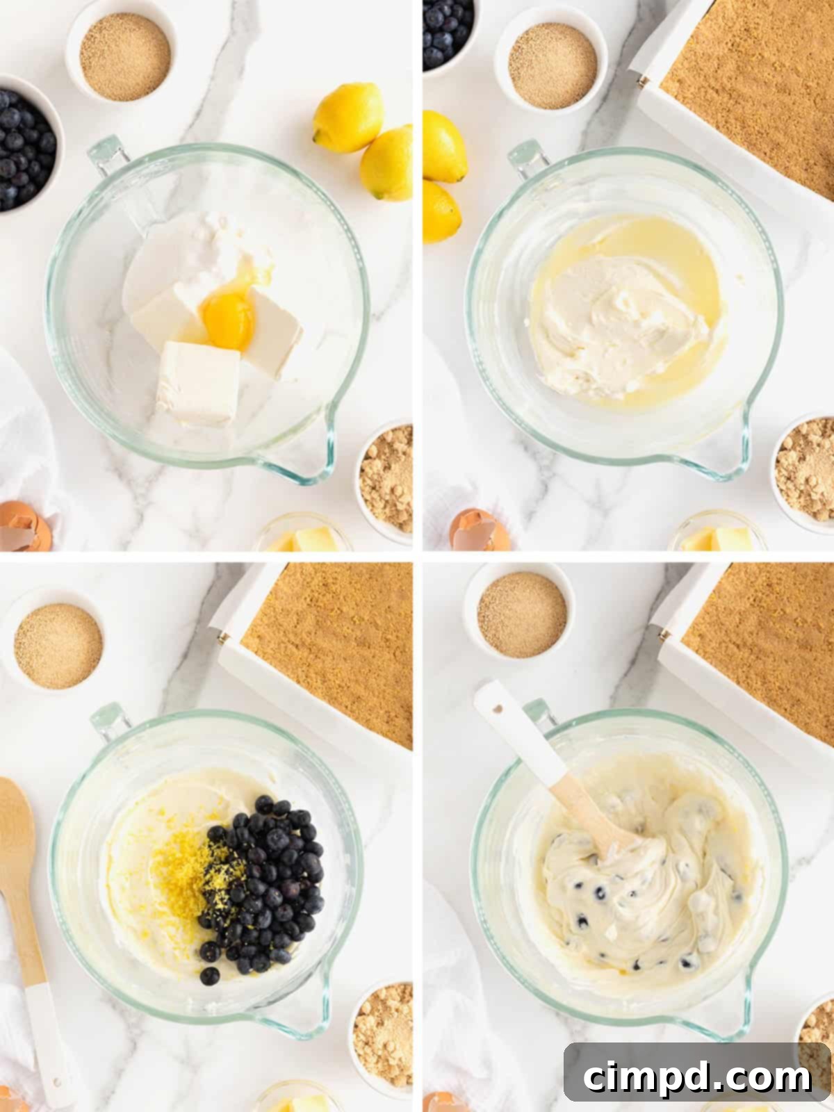 A visual guide illustrating the steps to prepare the creamy lemon blueberry cheesecake filling, including mixing ingredients and folding in blueberries.