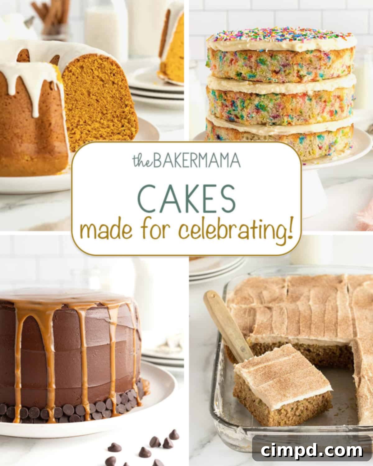 A collage of four celebration cakes: pumpkin spice pound cake, naked confetti cake, fudge caramel stout cake, and zucchini sheet cake, showcasing the variety available.