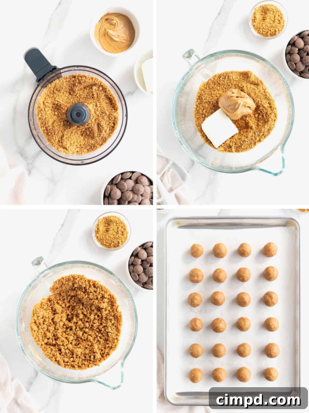 Visual steps illustrating how to crush cookies, mix ingredients, and roll balls for Nutter Butter Balls.