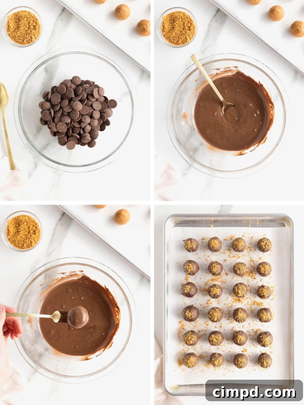 Visual steps demonstrating how to melt chocolate, dip the balls, and sprinkle with cookie crumbs.