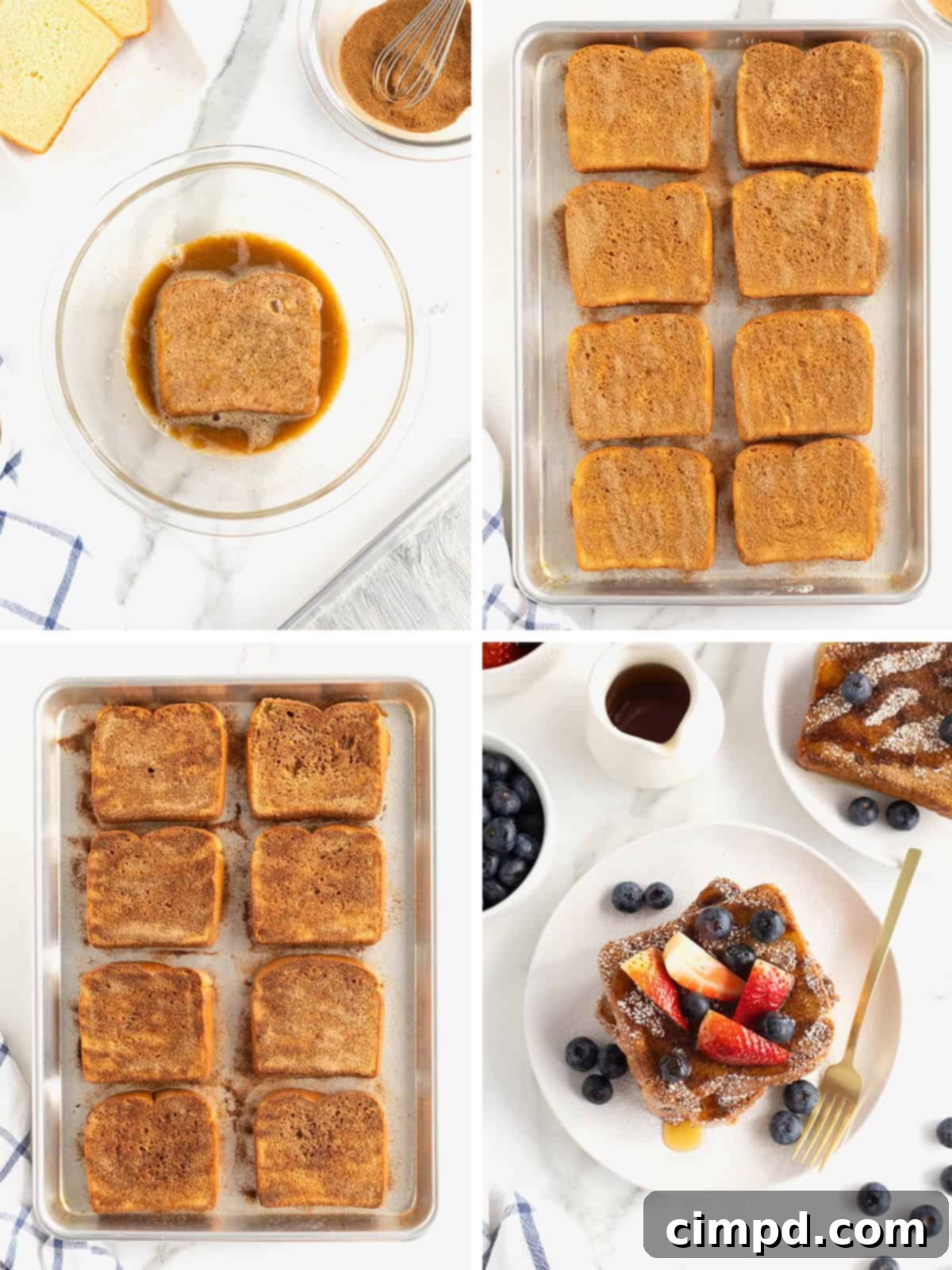 Steps to make baked French toast.