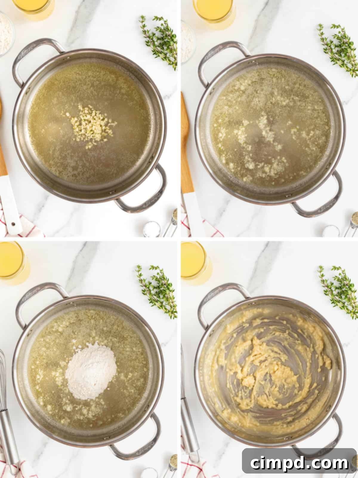 A visual guide showing the initial steps to make turkey gravy for Thanksgiving, including melting butter, sautéing garlic, and whisking in flour.