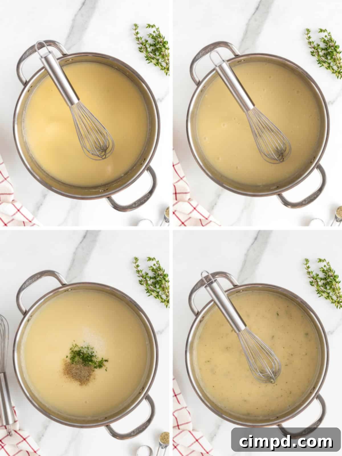 A visual guide showing the final steps to make garlic thyme turkey gravy, including adding stock, simmering, and seasoning.